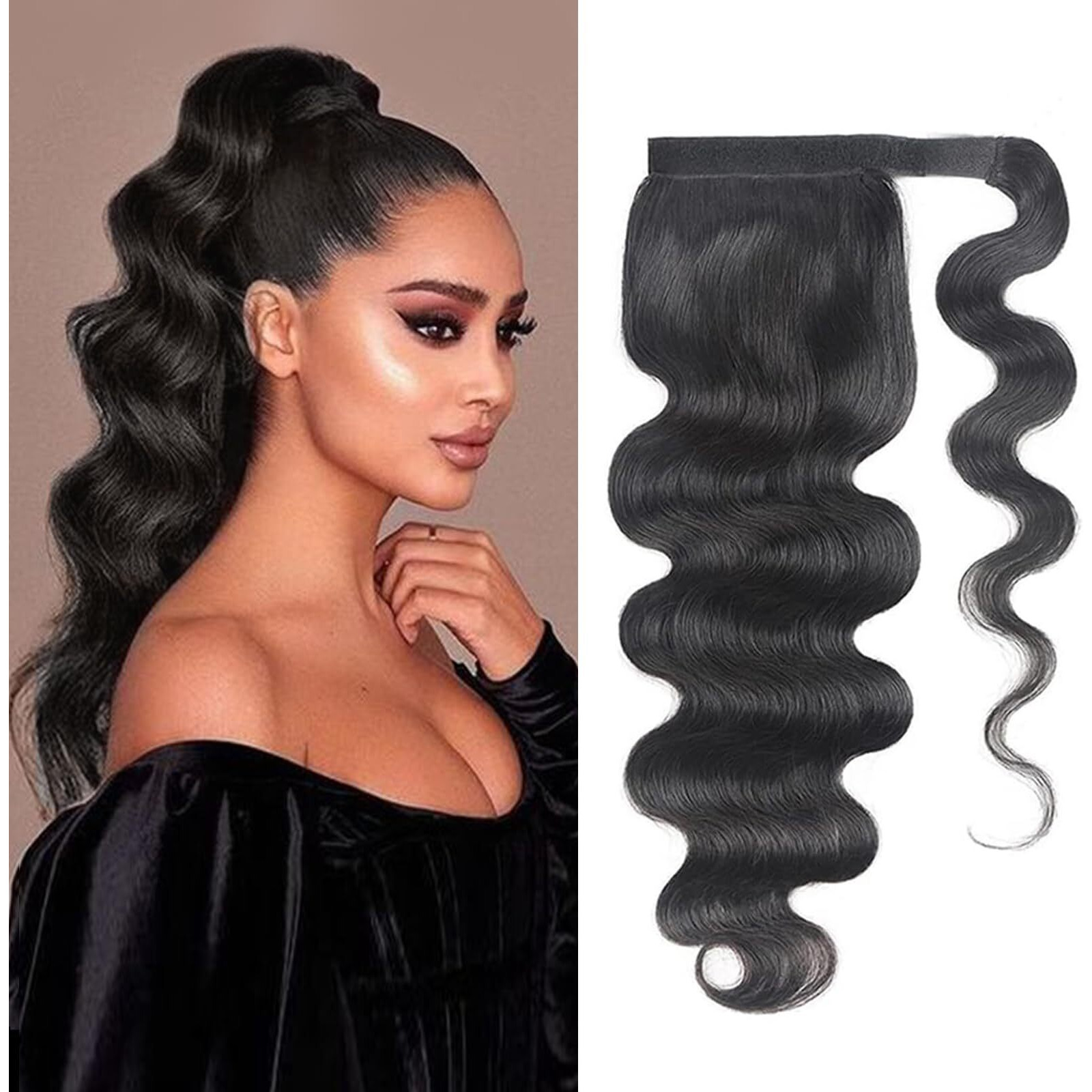 Ainimiu Body Wave Ponytail Extension Human Hair Wrap Around Magic Paste Ponytail Clip In Real Brazilian Virgin Human Hair Pieces For Black Women Natural Black (Body Wave Ponytail, 22 Inch)