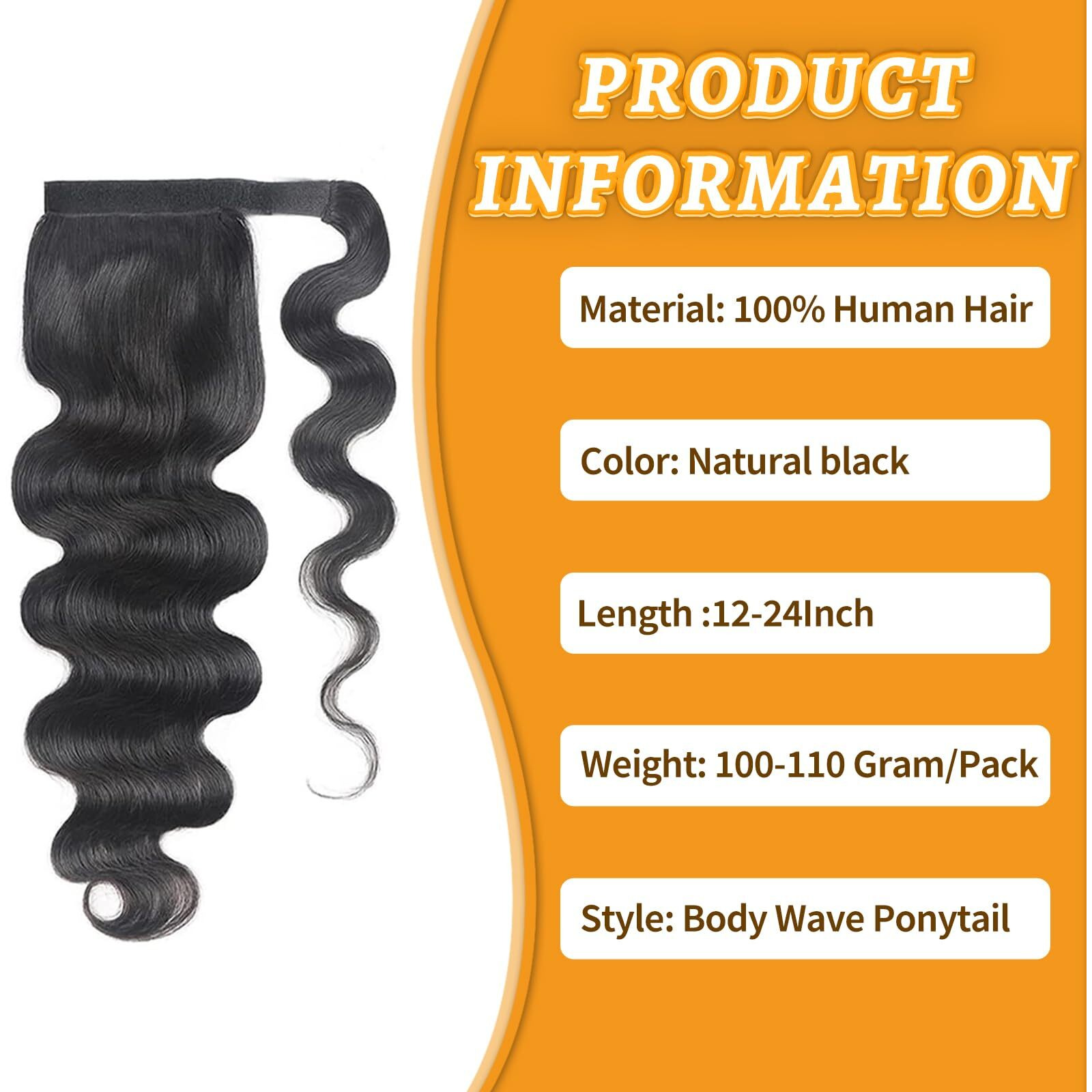 Ainimiu Body Wave Ponytail Extension Human Hair Wrap Around Magic Paste Ponytail Clip In Real Brazilian Virgin Human Hair Pieces For Black Women Natural Black (Body Wave Ponytail, 22 Inch)