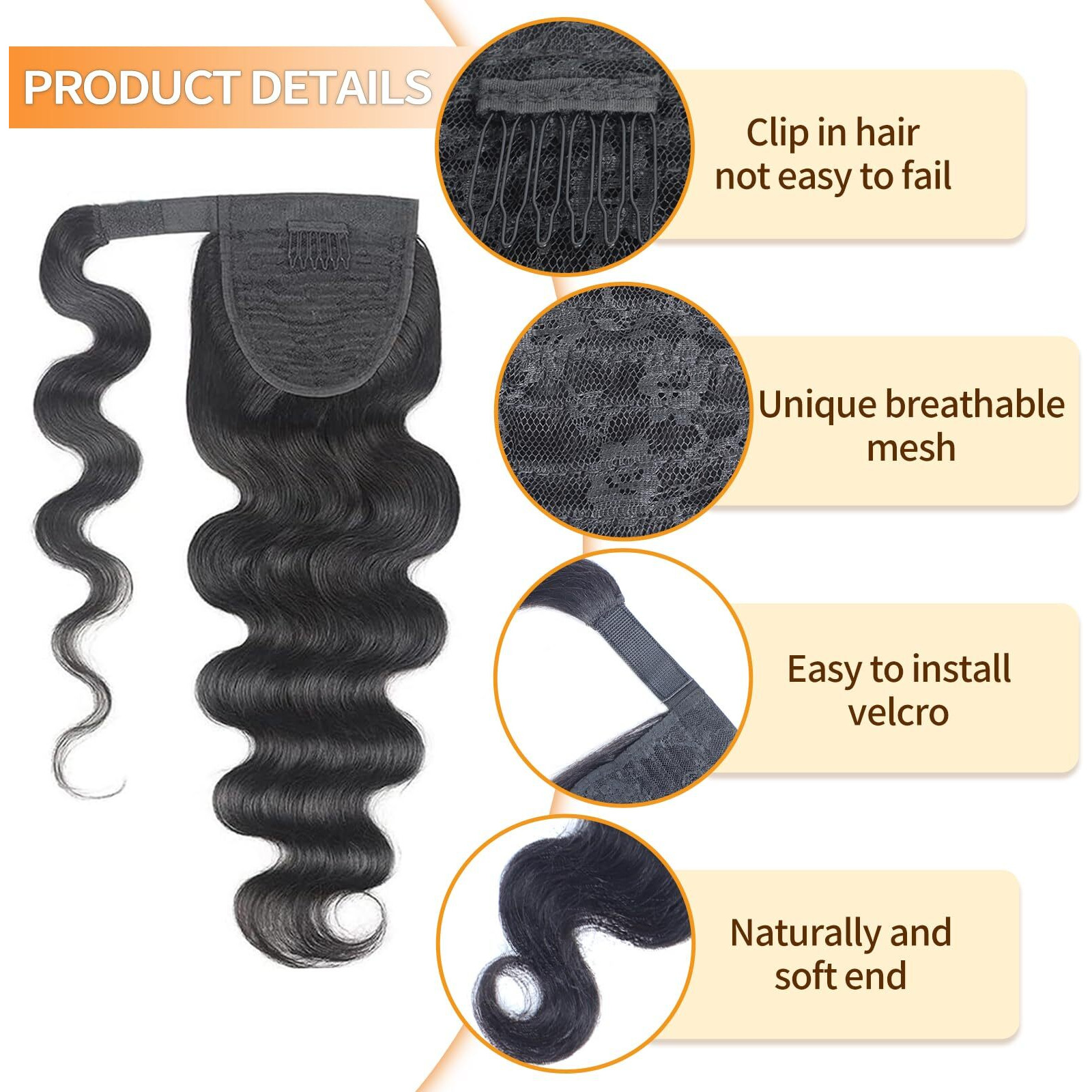 Ainimiu Body Wave Ponytail Extension Human Hair Wrap Around Magic Paste Ponytail Clip In Real Brazilian Virgin Human Hair Pieces For Black Women Natural Black (Body Wave Ponytail, 22 Inch)