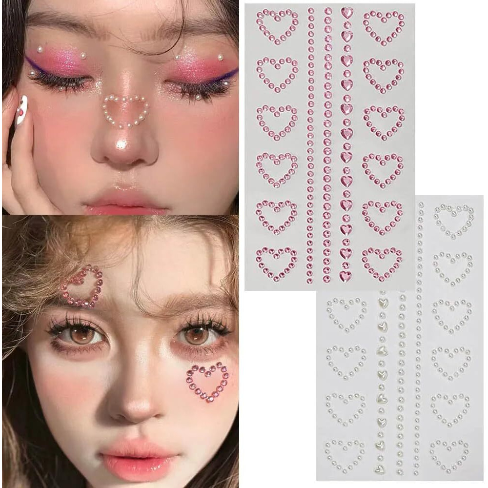 Self Adhesive Face Gems Pearls For Makeup,3D Heart Star Moon Shape Jewels Face Rhinestone Sticker For Face, Eye, Makeup, Nail, Body, Craft