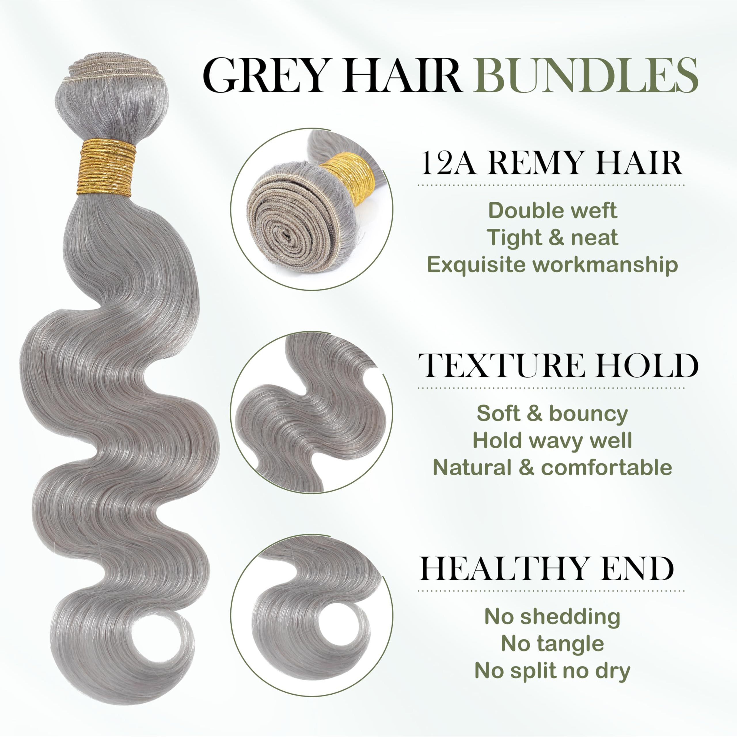 Anmetan Silver Grey Body Wave Bundles Human Hair 26 Inch, Soft And Thick Short Single Bundle 100% Unprocessed 12A Remy Hair Lavender Gray Color Sew In Quick Weave Wavy