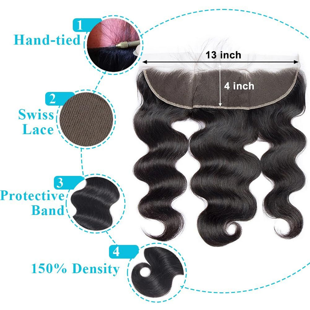 Anjudyreid 13X4 Lace Frontal Closure Body Wave Ear To Ear Hd Lace Frontal 14 Inch Brazilian Human Hair Closure Free Part 150% Density Body Wave Hair Extensions Pre Plucked Natural Black