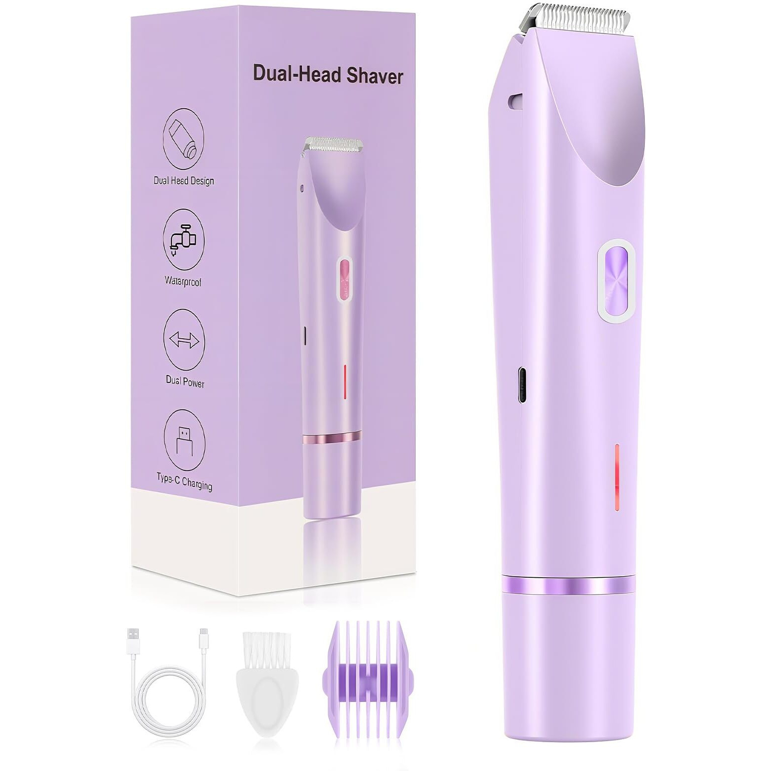Dermave Bikini Shaver 2.0, Dual Head Electric Bikini Trimmer For Women, 2 In 1 Wet And Dry Waterproof Glow Aura Womens Shaver For Face, Legs, Underarm (Purple)