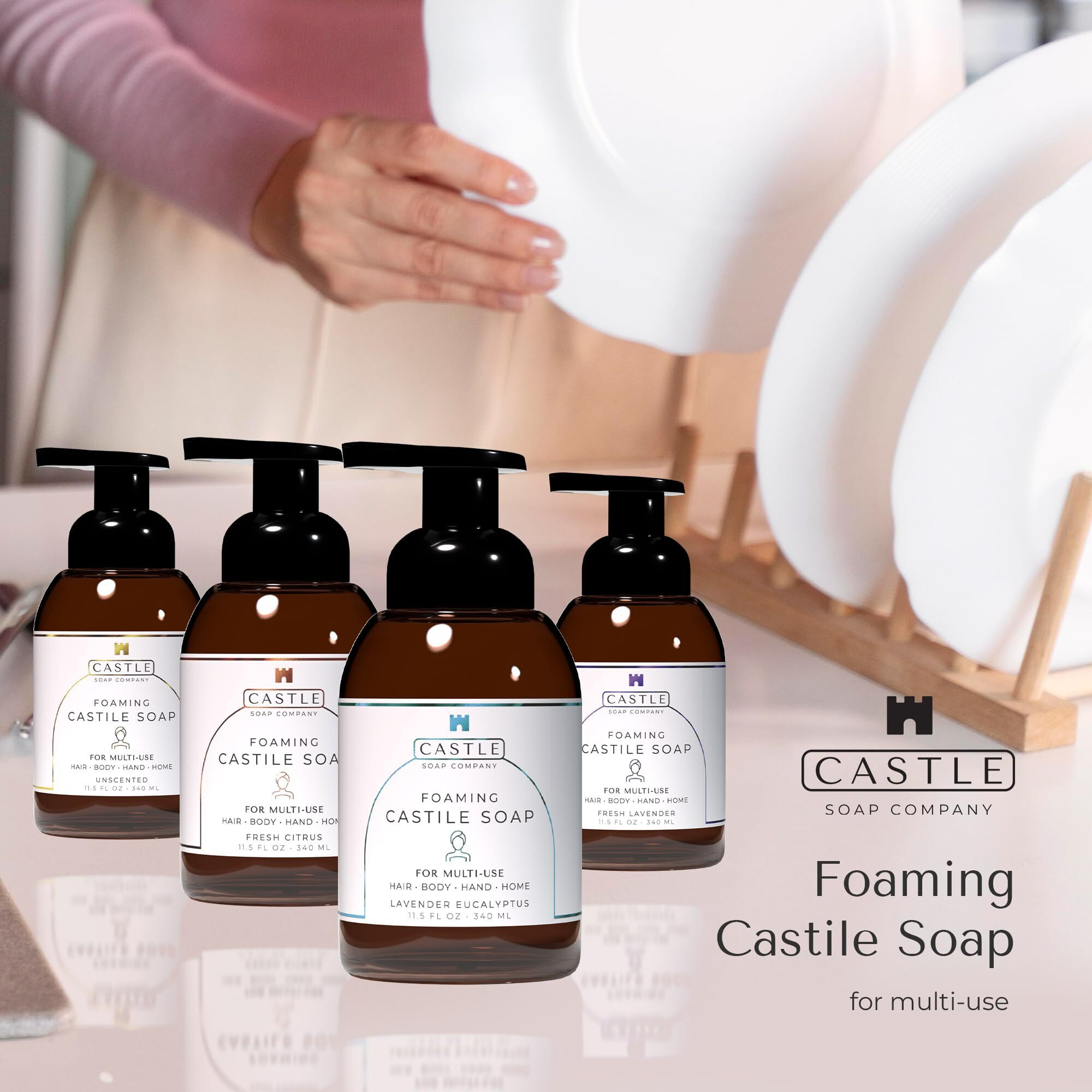 Castle Soap All-Purpose Foaming Castile Soap | Multi-Use Cleanser For Hair, Body, Hands & Home | Nourishing Coconut Oil Formula | Sensitive Skin Friendly | Hydrating Lather | 11.5 Oz | Unscented