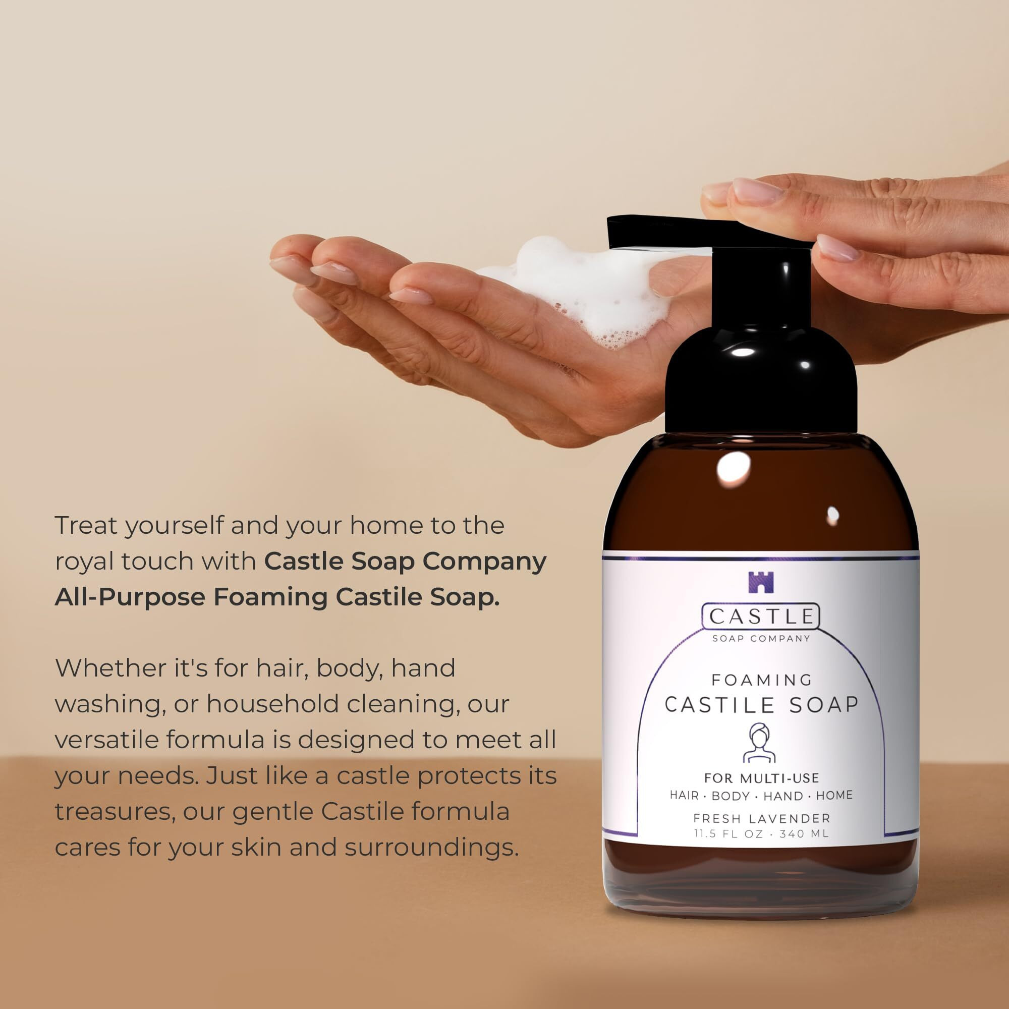 Castle Soap All-Purpose Foaming Castile Soap | Multi-Use Cleanser For Hair, Body, Hands & Home | Nourishing Coconut Oil Formula | Sensitive Skin Friendly | Hydrating Lather | 11.5 Oz | Unscented