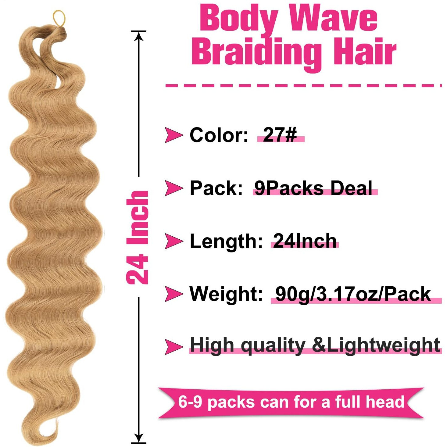 Unionbeauty 9 Packs Body Wave Braiding Hair 24 Inch Pre-Feathered Braiding Hair For Goddess Box Braids Crochet Hair French Curl Wavy Crochet Boho Box Braids Synthetic Hair Extensions For Woman(27)