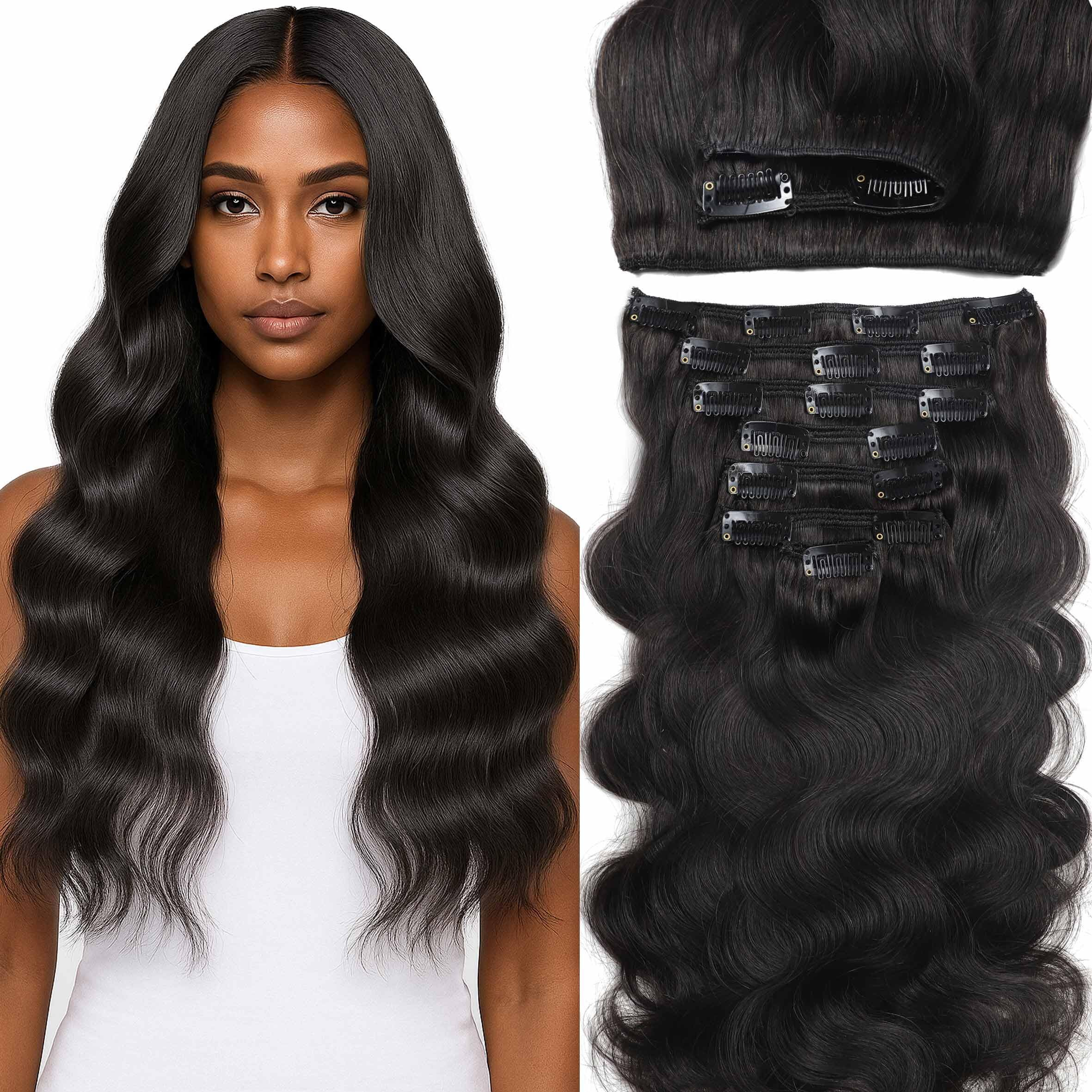 Lacer Body Wave Clip In Hair Extensions Real Human Hair, 7 Pcs 120G 22 Inch Wavy Human Hair Clip In Extensions For Women Natural Black