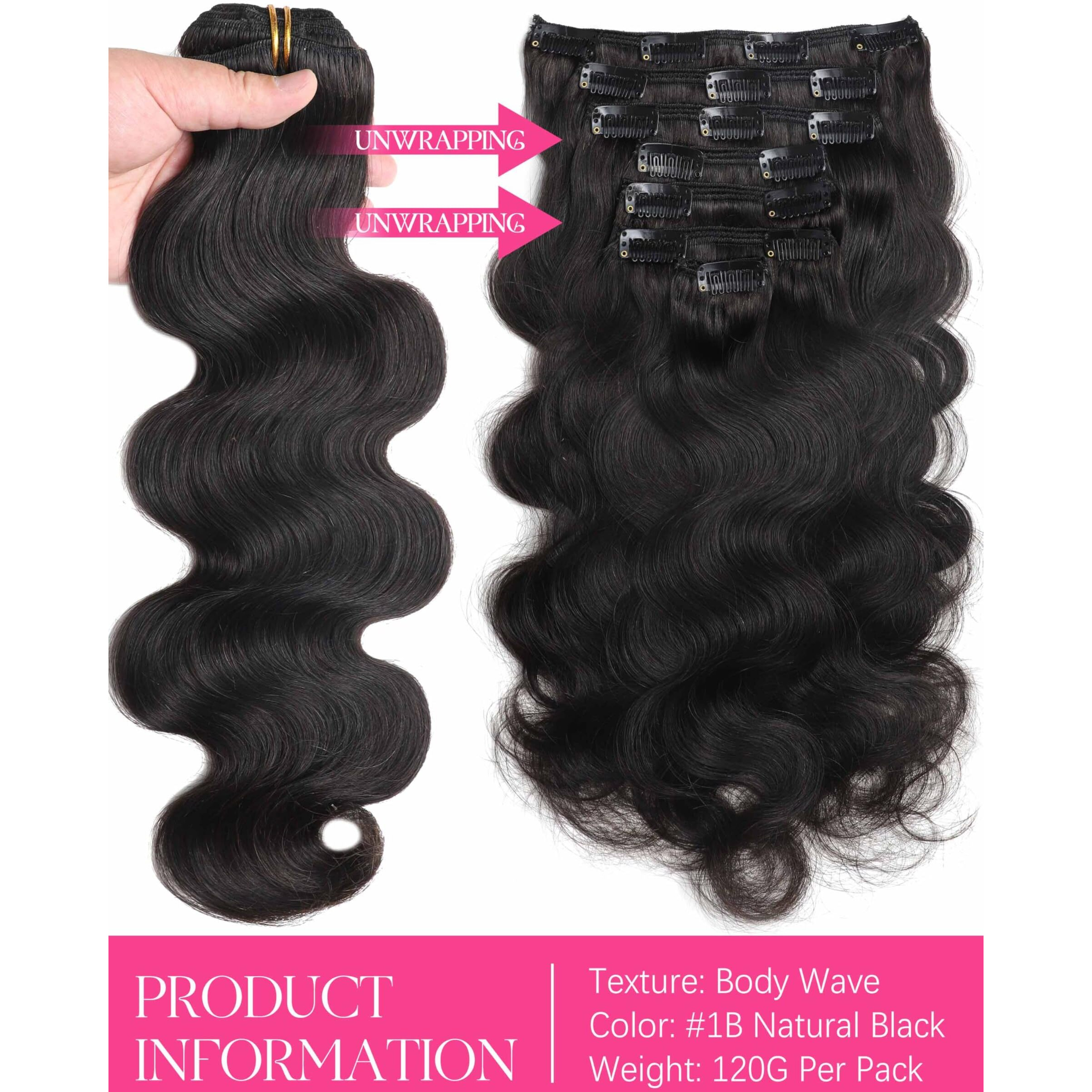 Lacer Body Wave Clip In Hair Extensions Real Human Hair, 7 Pcs 120G 22 Inch Wavy Human Hair Clip In Extensions For Women Natural Black