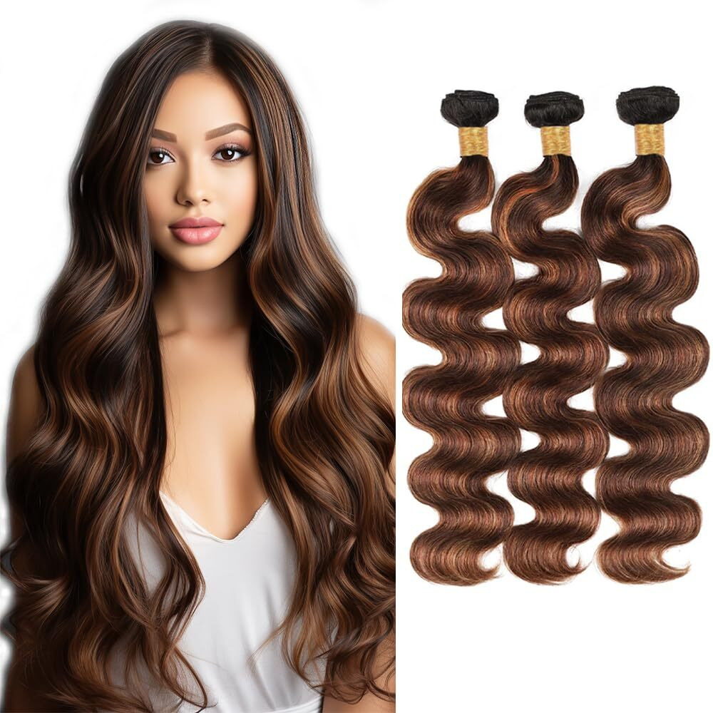 Light Brown Bundles With Highlights Human Hair Bundles Chocolate Body Wave Bundle 20 22 24 Inch Soft And Healthy P4/30 Brazilian Virgin Remy Hair Extensions 3Pcs/Set