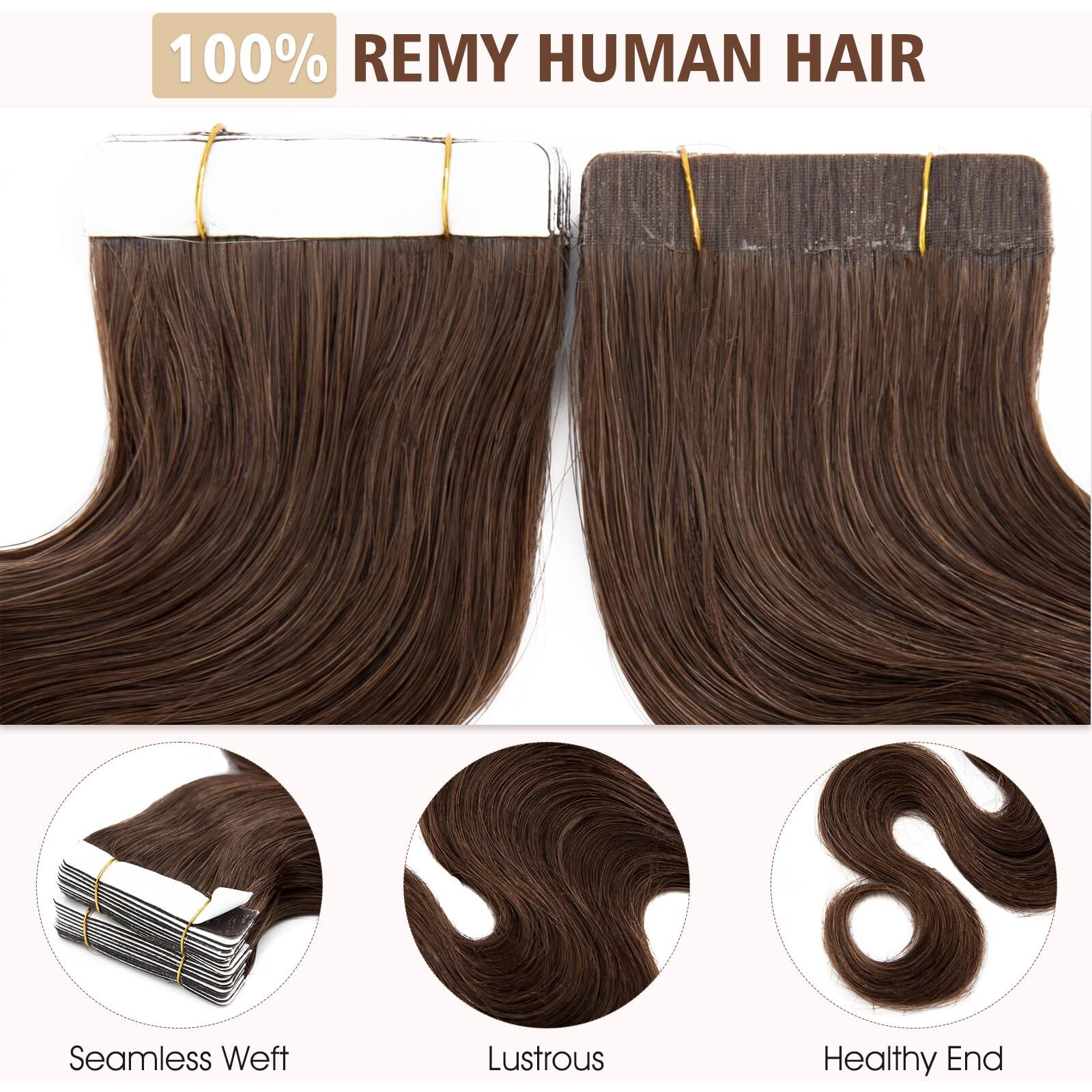 Hairro Tape In Hair Extensions 24 Inch Long Body Wave Human Hair 4 Medium Brown 50G Thin Seamless Skin Weft Glue In Wavy Human Hairpieces 20Pcs/Pack For Women