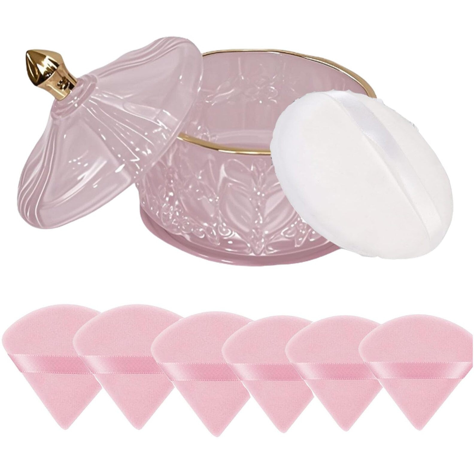 8 Pcs Large Body Powder Puff And Container, 4.13"" "&quotGlass Powder Box Jar With1Pcs Soft Puff & 6Pcs Triangle Makeup Puffs For Baby & Womens Face And Body