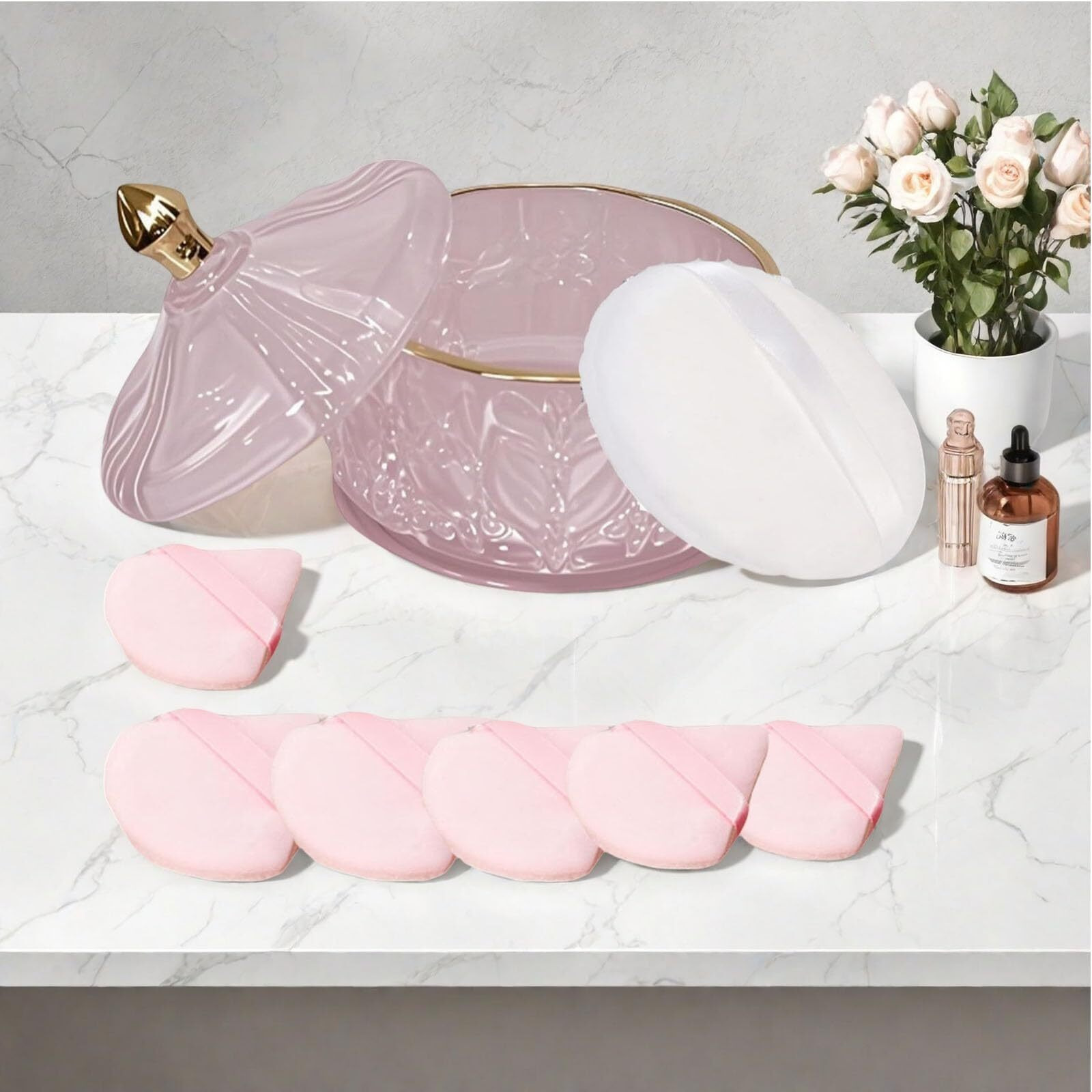 8 Pcs Large Body Powder Puff And Container, 4.13"" "&quotGlass Powder Box Jar With1Pcs Soft Puff & 6Pcs Triangle Makeup Puffs For Baby & Womens Face And Body