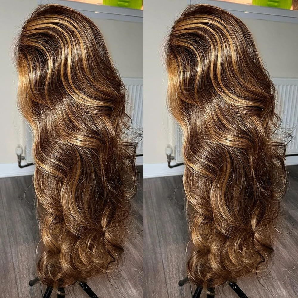 Sisifire Highlight Body Wave Lace Front Wigs For Women Heat Resistant Fiber Ombre Blonde Loose Curly Wavy Lace Wig With Baby Hair Synthetic Glueless Lace Front Wig