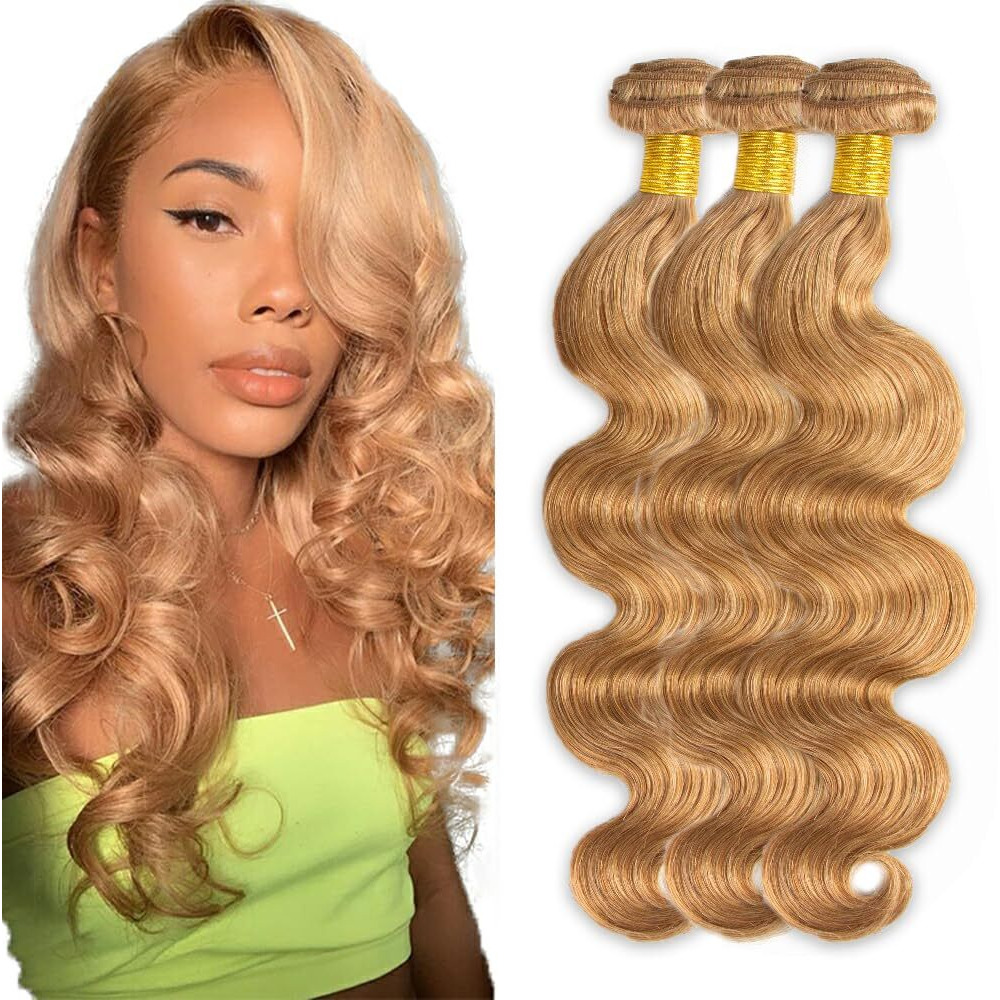 27 Blonde Bundles Human Hair Body Wave Bundles 20 22 24 Inch 3 Bundle Unprocessed Brazilian Virgin Hair Honey Blonde Body Wave Human Hair Extensions 50 Gram Per Bundle