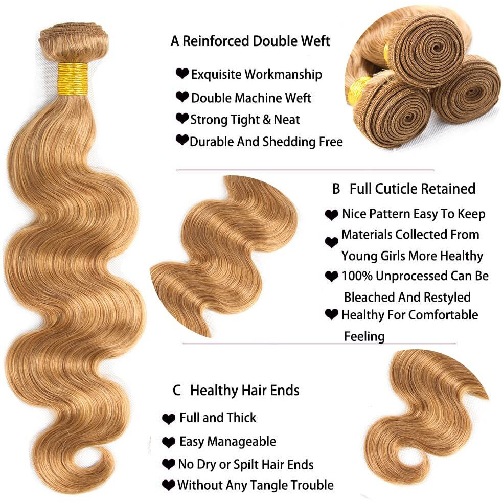 27 Blonde Bundles Human Hair Body Wave Bundles 20 22 24 Inch 3 Bundle Unprocessed Brazilian Virgin Hair Honey Blonde Body Wave Human Hair Extensions 50 Gram Per Bundle