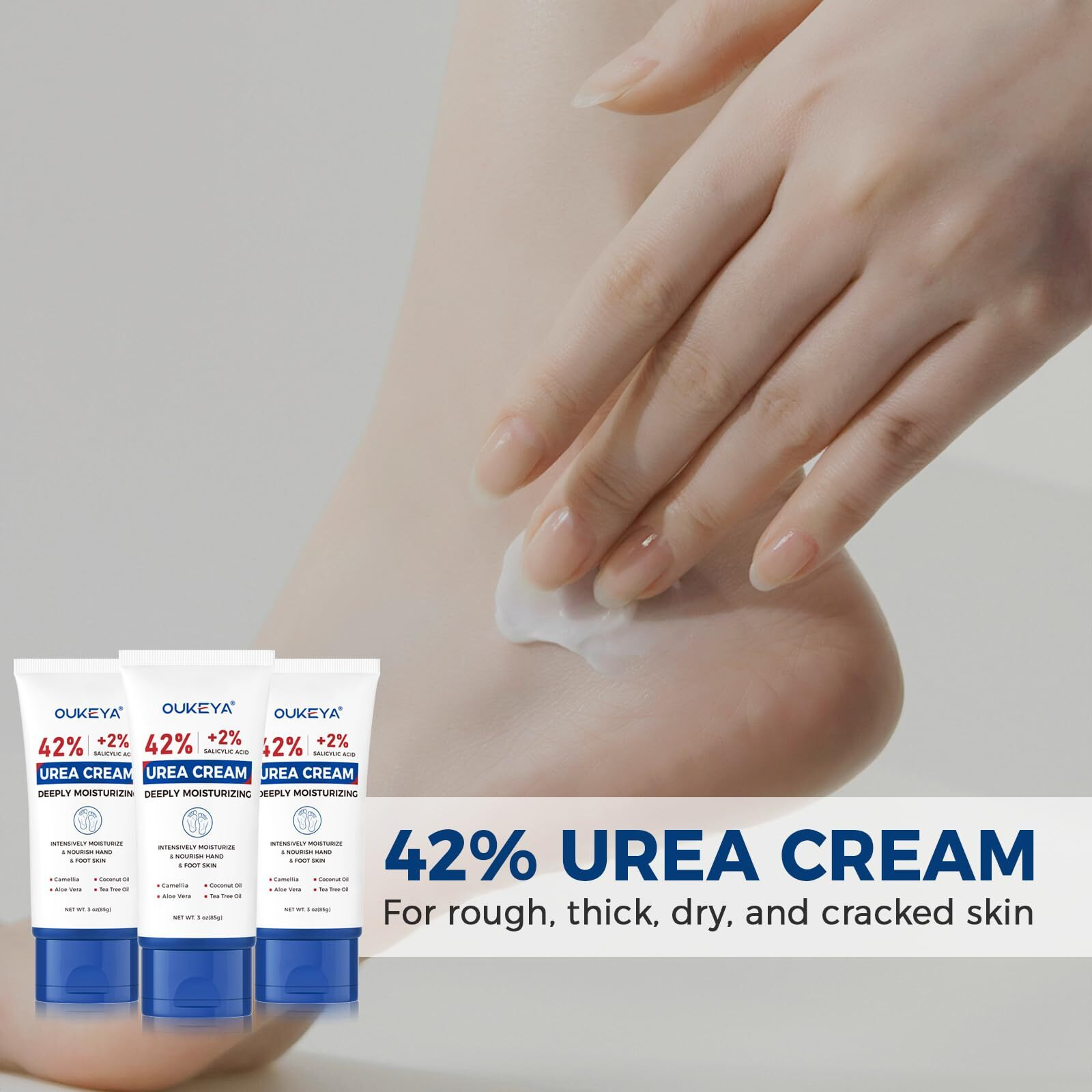 Oukeya Urea Cream 42 Percent With 2% Salicylic Acid Tube 3 Oz, Foot & Hand Cream For Dry Cracked, 40 Per Urea Lotion For Feet Maximum Strength, 3 Pack