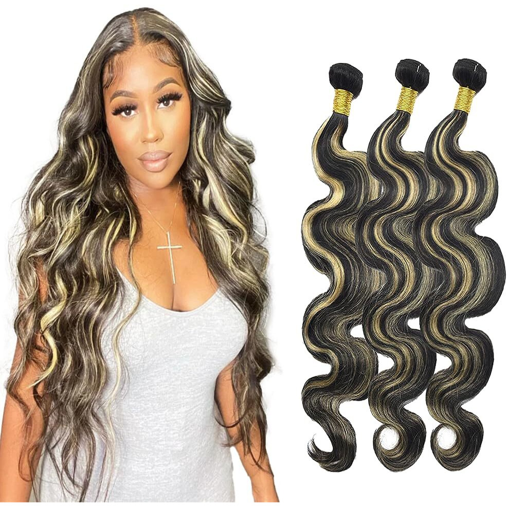 Niciitysi P1B27 Human Hair Highlight Body Wave Bundles 14 16 18 Inch Ombre Two Tone Black Mixed With Blonde Bundles Double Weft Brazilian Hair Extensions For Women