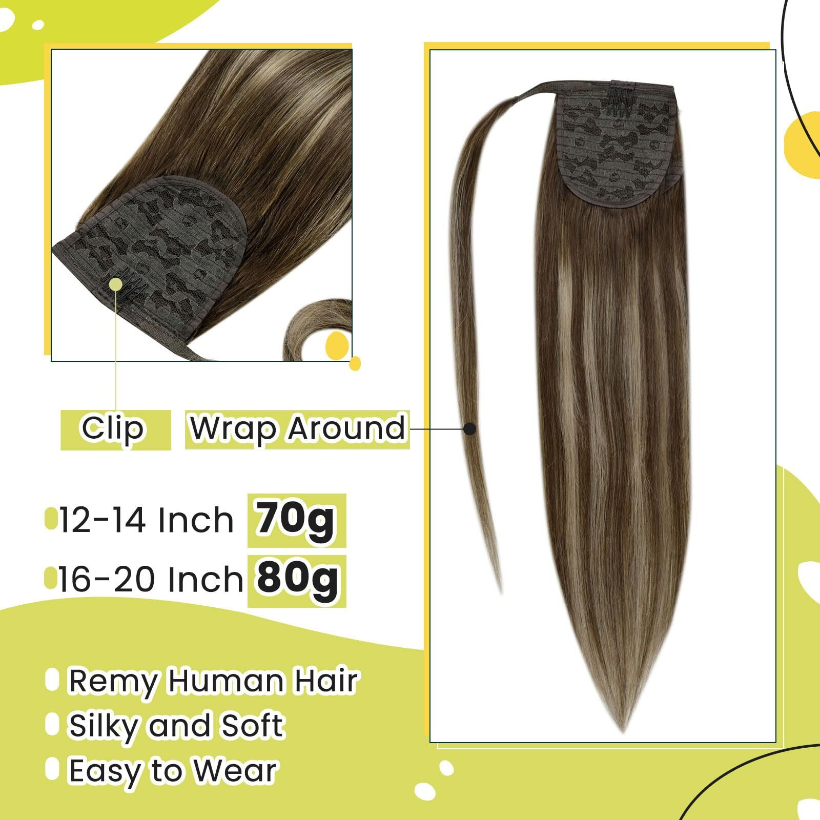 Runature Human Hair Ponytail Extension, Balayage Ponytail Extension Human Hair, Straight Remy Hair Extensions With Magic Paste, 18 Inch 80G 4/27/4 Medium Brown With Honey Blonde Balayage