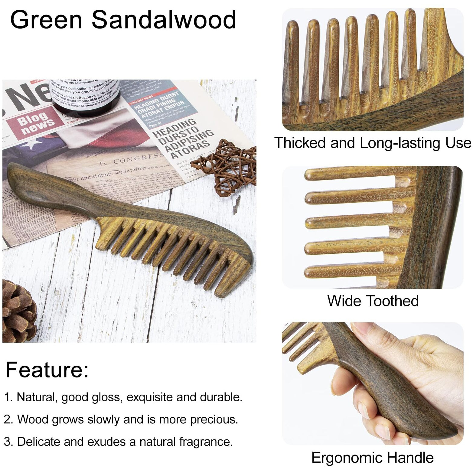 Beomeen Hair Comb Wooden Wide And Fine Tooth Combs, 2 Pcs Detangling Natural Sandalwood Combs For Women Men, Detangles Wet Or Dry Curly, Thin, Thick, Wavy Or Straight Hair, Scalp Massager, Anti-Static