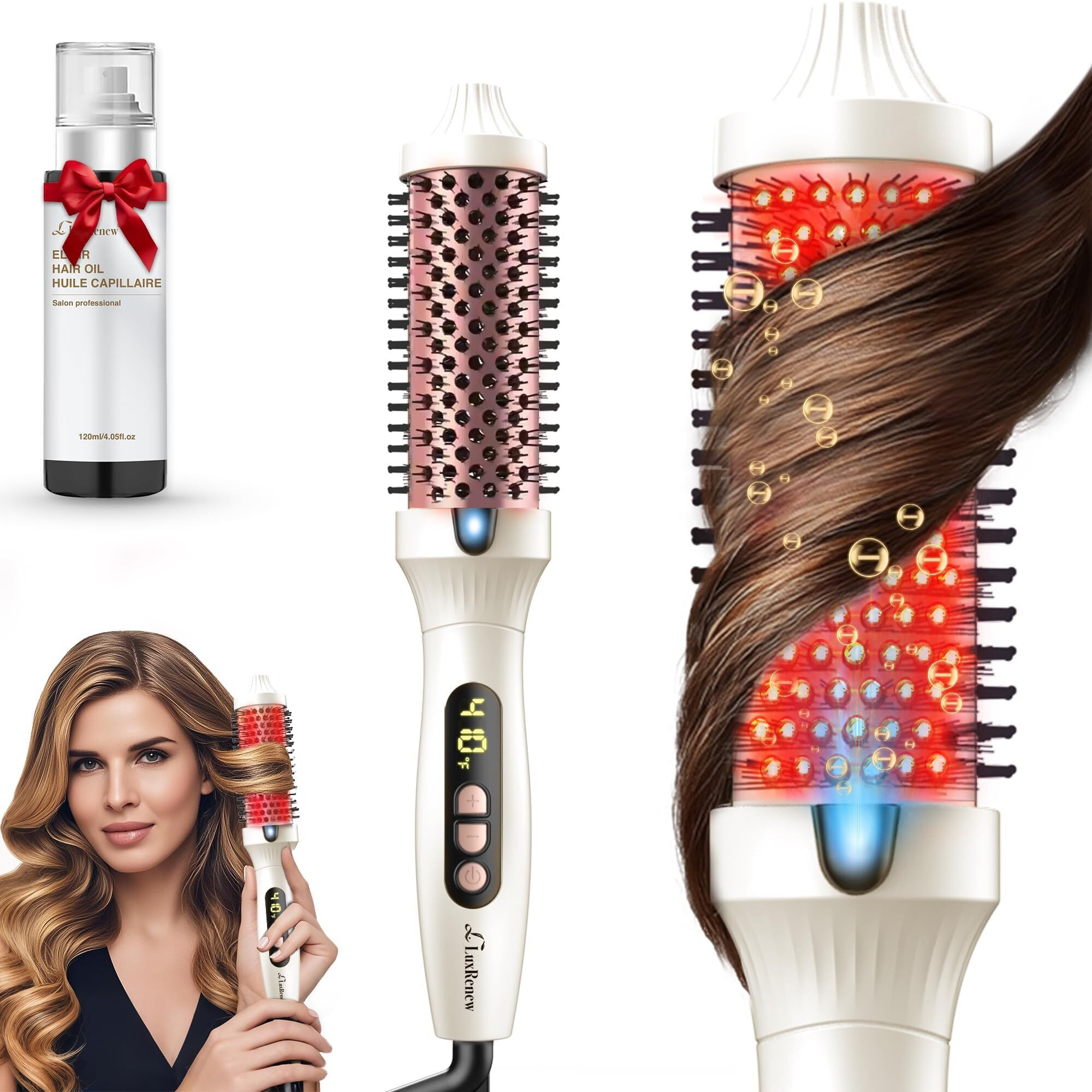 Infrared Bounce Brush, Heated Thermal Round Brush With Negative Ion Technology, 10 Heat Settings For Blowout Look With Hair Care Oil, Straightening & Curling, Suitable For All Hair Types, Cream White