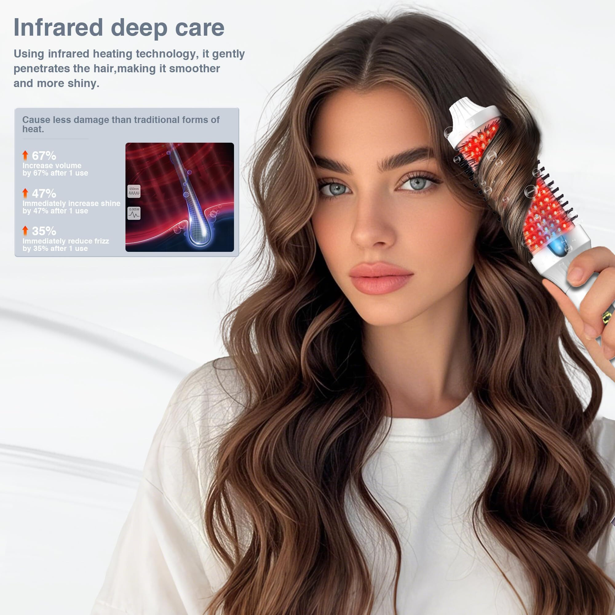 Infrared Bounce Brush, Heated Thermal Round Brush With Negative Ion Technology, 10 Heat Settings For Blowout Look With Hair Care Oil, Straightening & Curling, Suitable For All Hair Types, Cream White