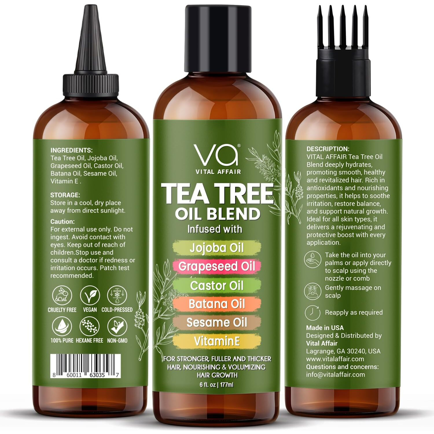 Vital Affair Tea Tree Oil For Hair With Jojoba, Castor, Batana Oil - Tea Tree Hair And Scalp Treatment - Hair Oil For Dandruff - Helps Strengthen, Volumize & Promotes Hair Growth - 6 Fl Oz