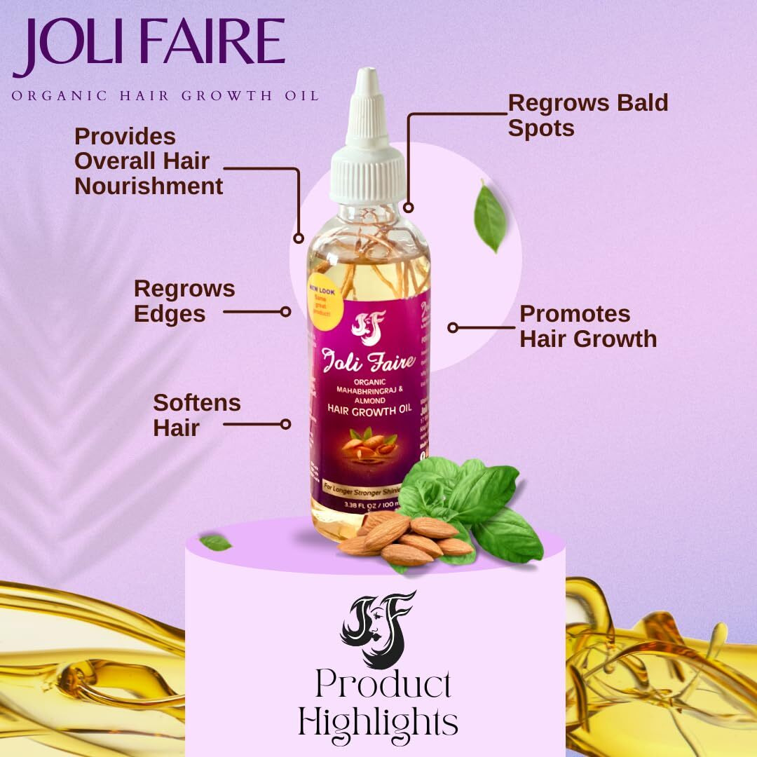 Joli Faire Organic Hair Growth Oil With Mahabhringraj & Almond - For Hair Growth & Nourishment.Thickens, Anti-Dandruff, Breakage Repair, Bald Spot & Edges - Safe For All Ages & Hair Types (3.38 Fl Oz)