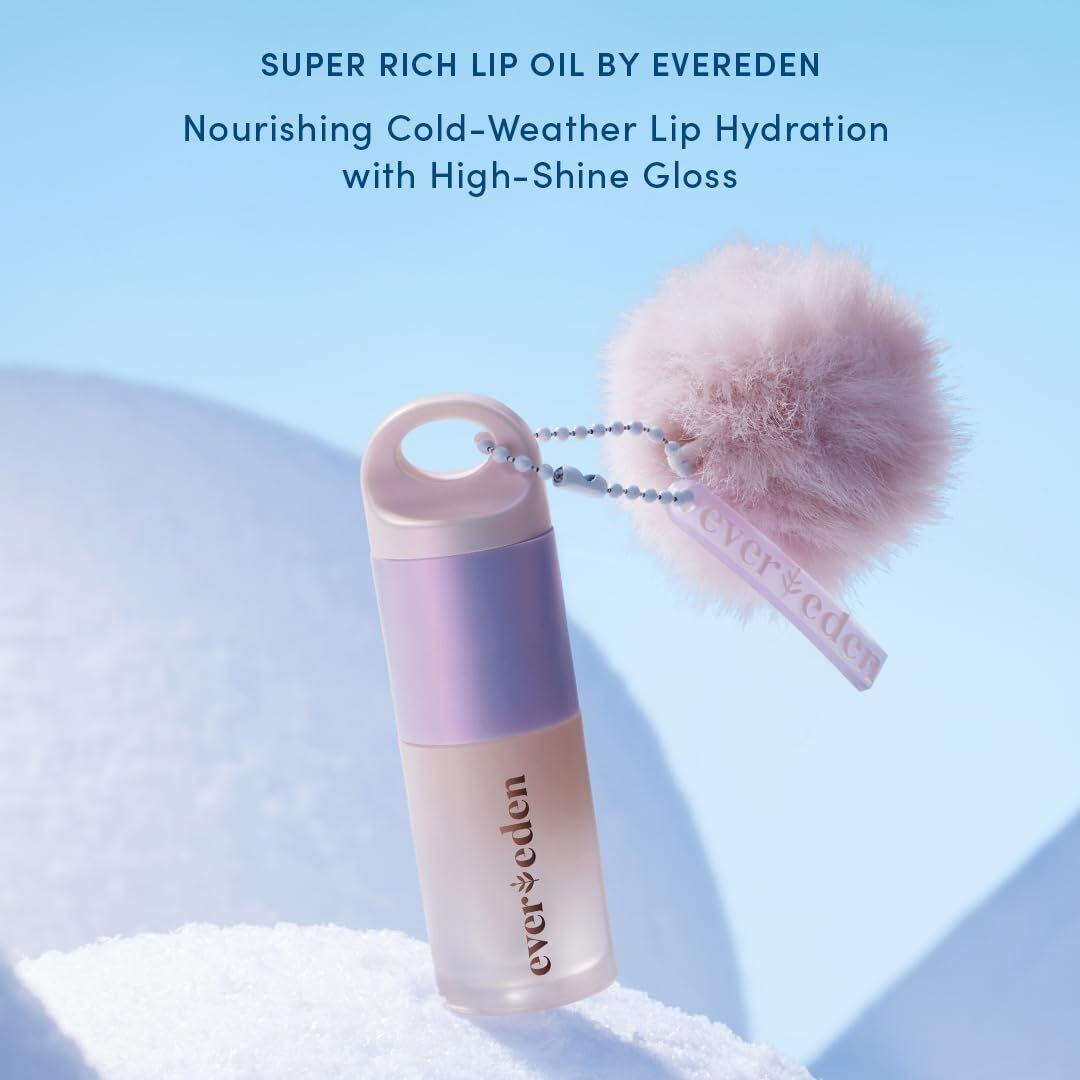 Evereden Super Rich Hydrating Lip Oil Clean & Vegan, Nourishing, Soothing, & Glossy Lip Glow Oil For Cold & Dry Weather - With Chaga Mushroom & Ceramides