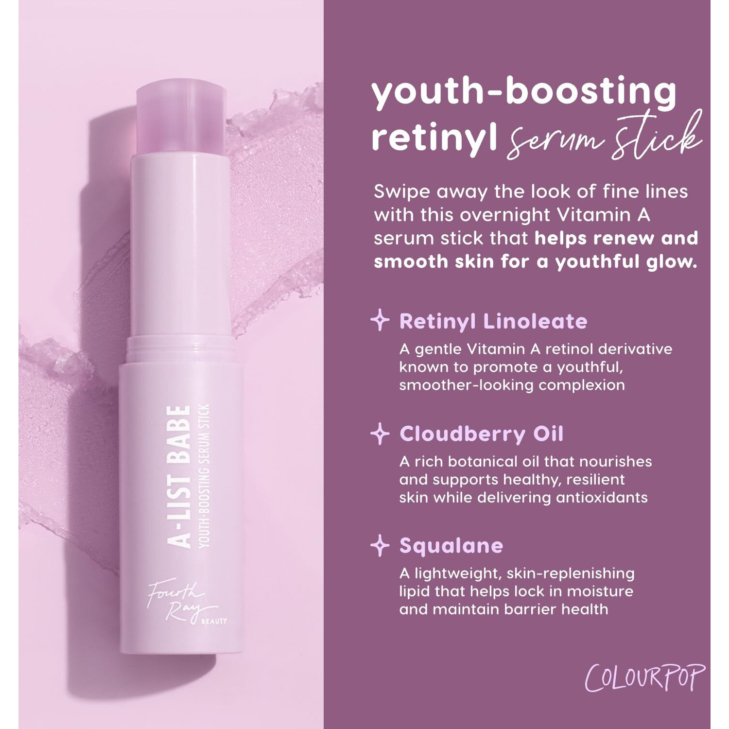 Colourpop Retinol Serum Stick - Anti-Aging, Water-Free Beauty Balm Serum For Glowy Summer Makeup Prep - Naturally Derived Retinol & Cloudberry Oil To Help Boost Radiance - A List Babe (0.25 Oz)