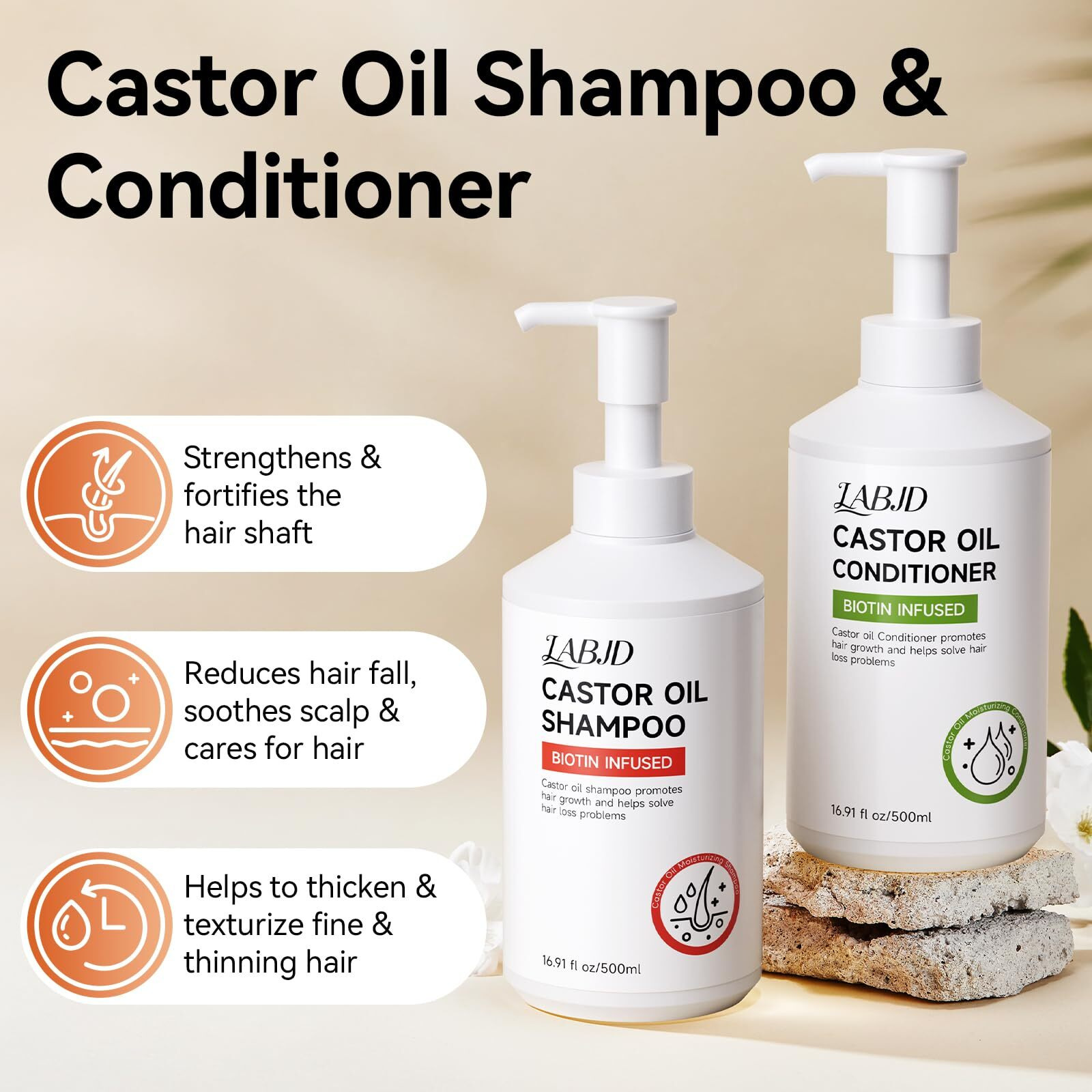 Labjd Castor Oil Shampoo And Conditioner Set For Hair Growth Strengthen And Cleanse Shampoo For Thin Hair Restore Damaged Hair Sulfate Free For Men & Women,16.9 Fl Oz