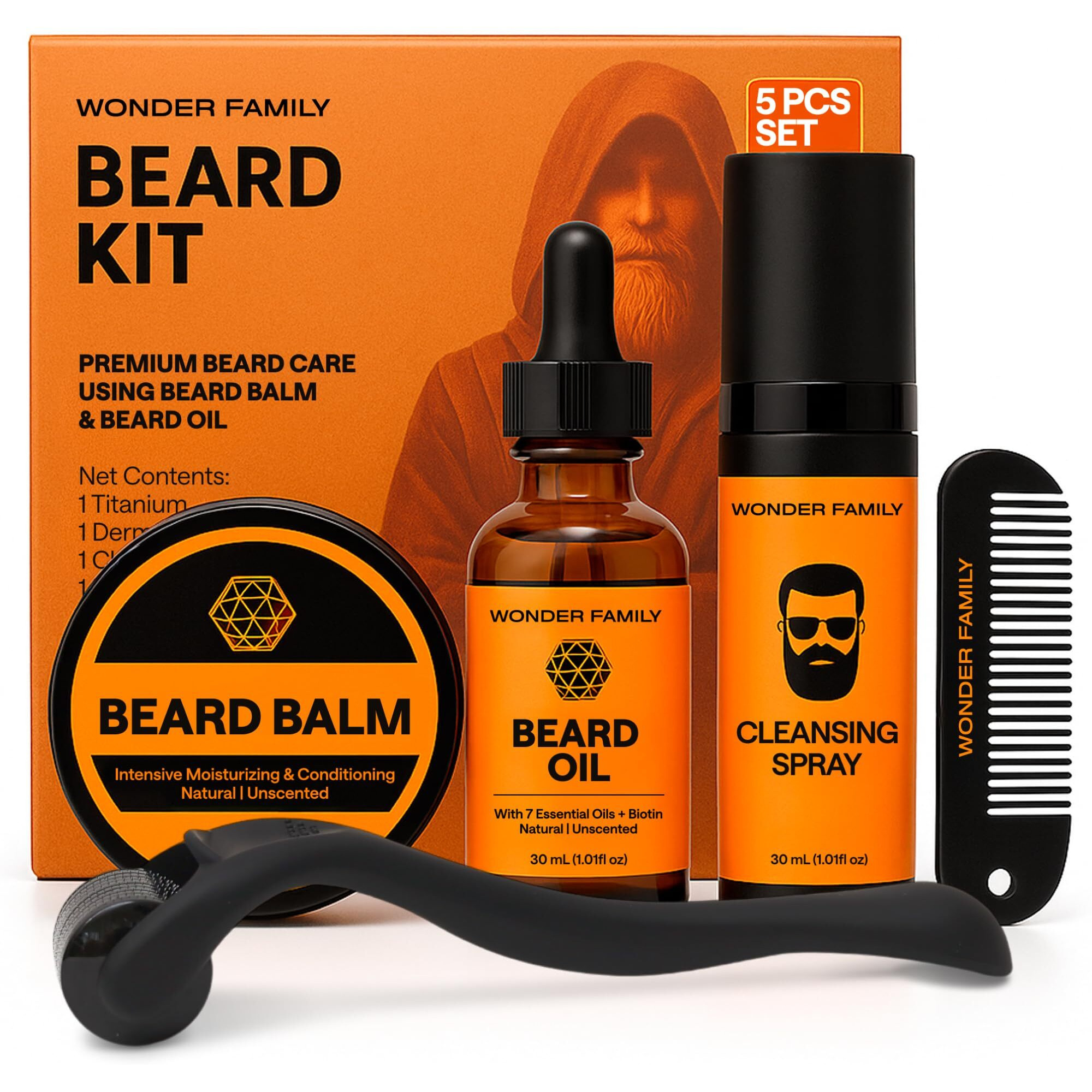 Premium Beard Care Kit For Men - 5-In-1 Grooming Set With Beard Oil, Balm, Derma Roller, Cleansing Spray & Comb - Mustache & Beard Grooming Gifts For Men