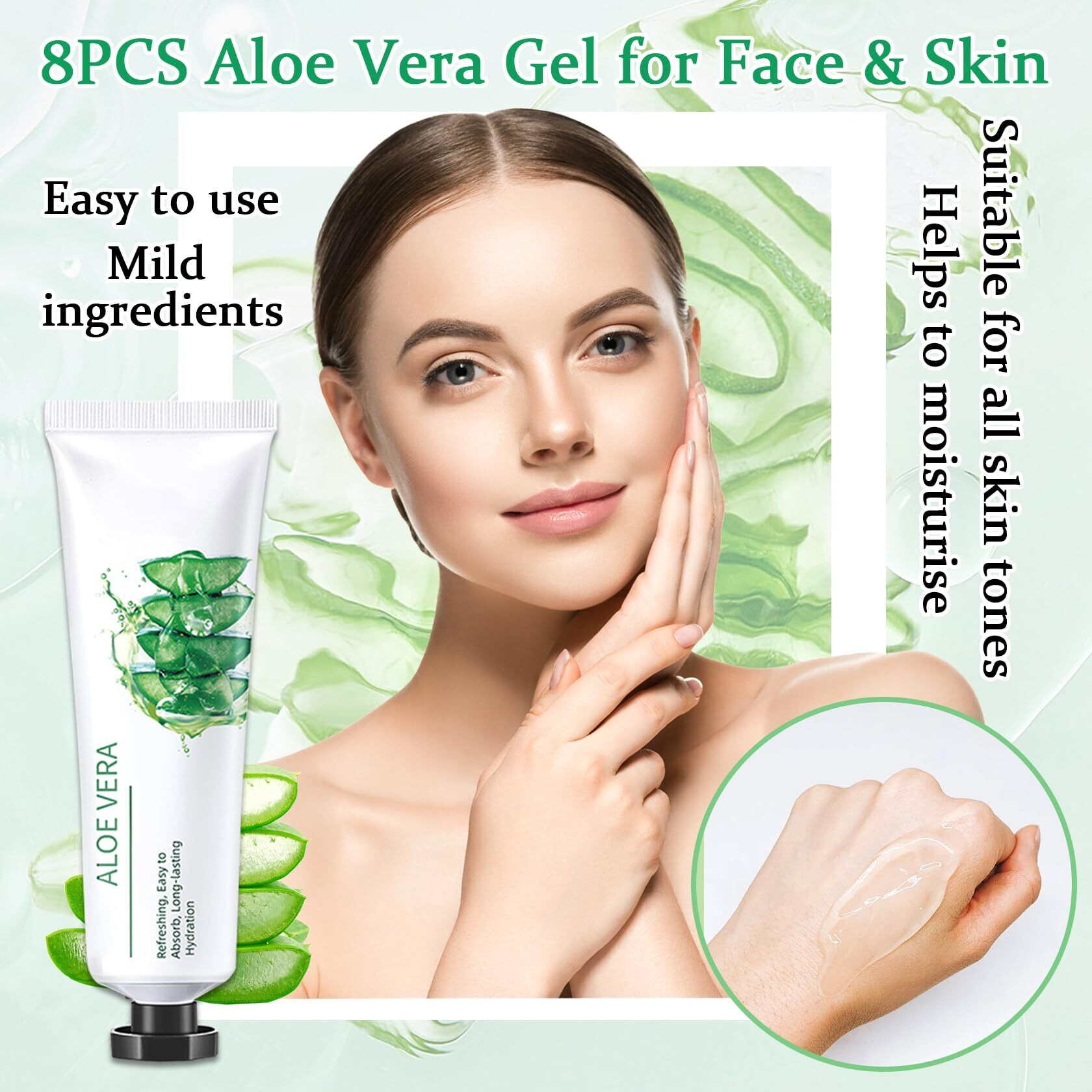 Wenjlyj 8Pcs Aloe Vera Gel For Face & Skin,Organic Aloe Vera Gel,Hydrating After Sun Cream For Travel Size,Moisturizing Lotion For Skincare,After Sun Lotion For All Skin Type(C)