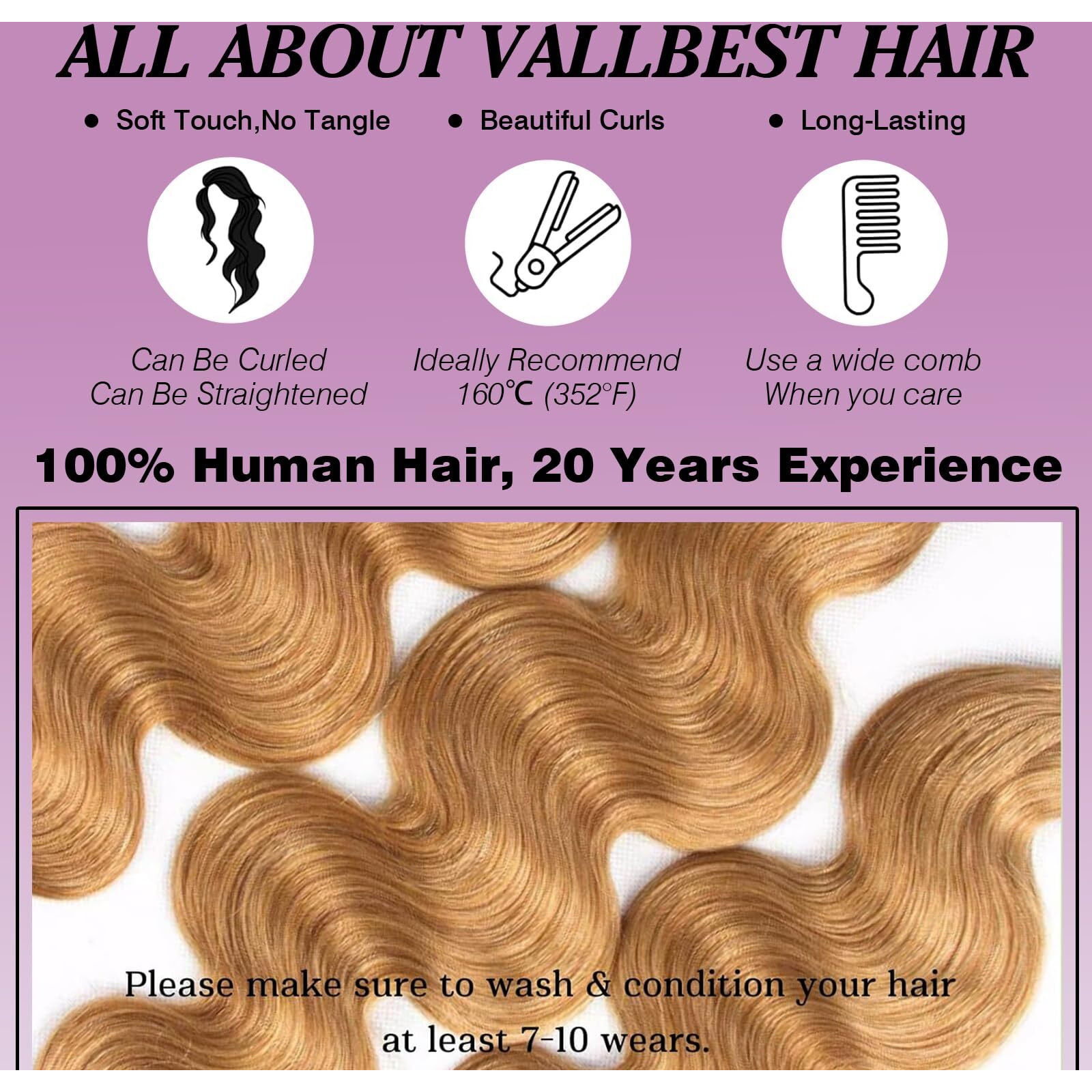 Vallbest Honey Blonde Bundles Human Hair 27 Body Wave Bundles 20 22 24 Inch 3 Bundles 100% Unprocessed Brazilian Virgin Hair 12A Virgin Raw Remy Weave Human Hair Extensions For Women