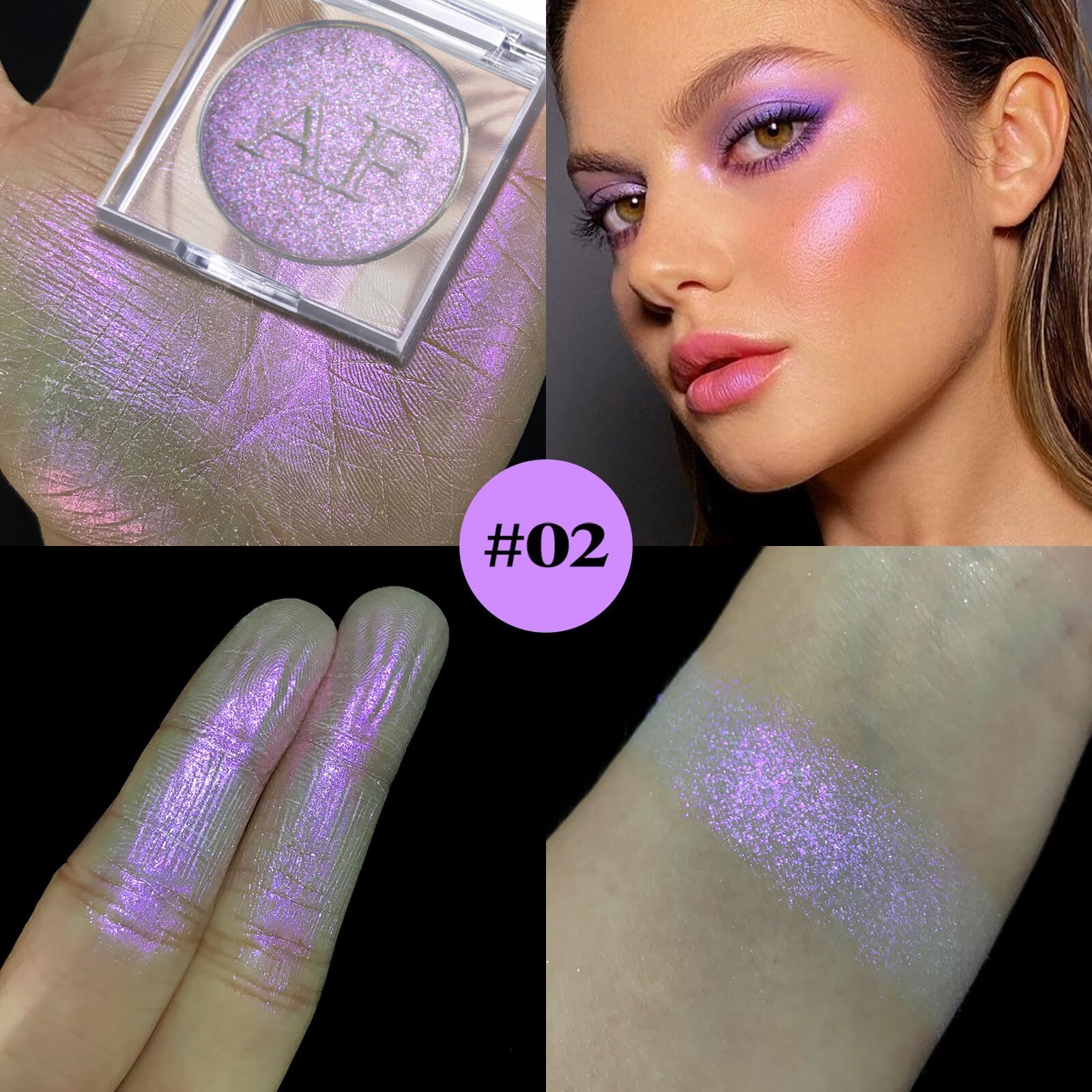 Highlighter Makeup Palette, Long Lasting New Formula, Translucent Purple Shimmer, Sheer White Base, Ideal For Face And Body Contour And Cheek Highlight (02) Translucent Purple Shimmer