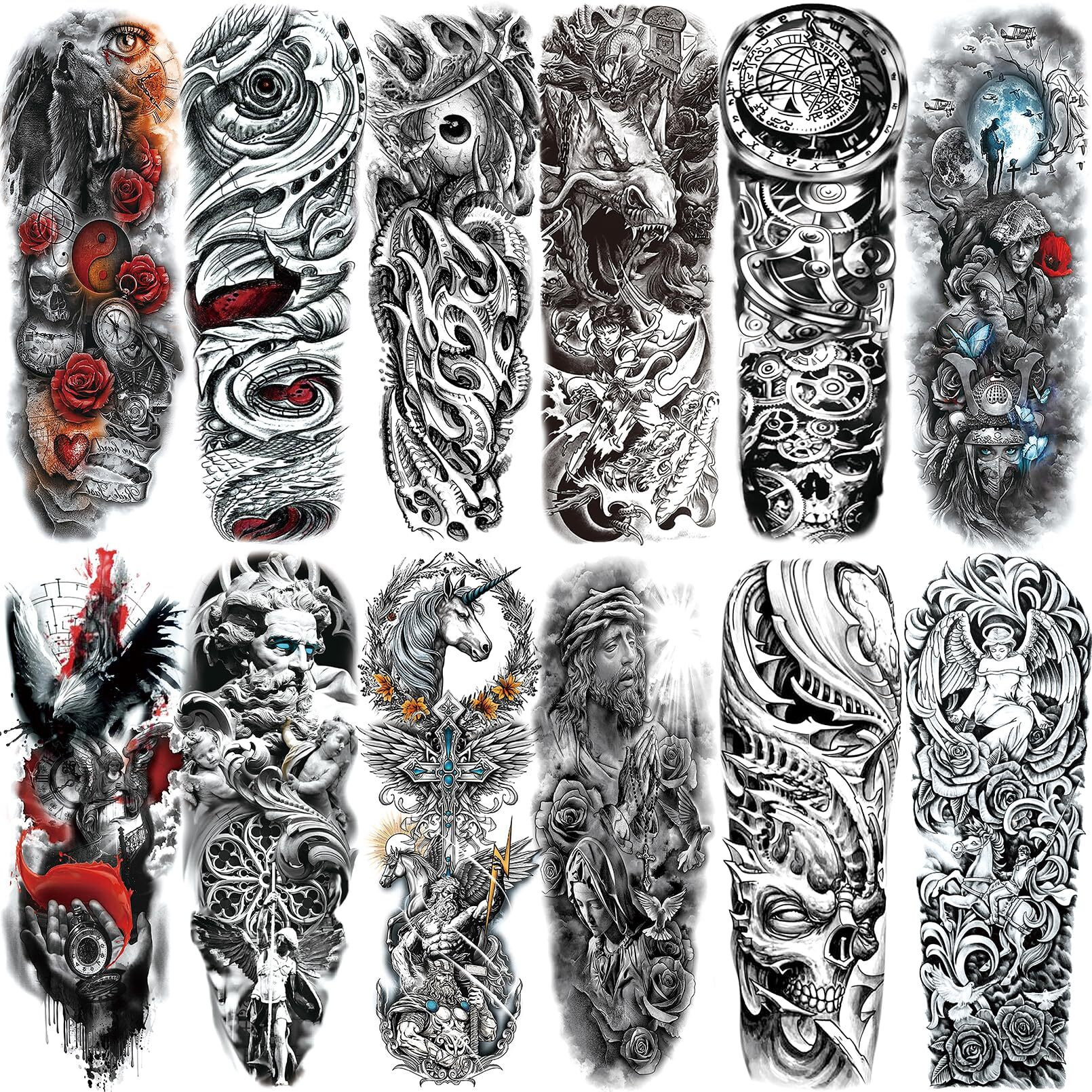 Verkstad 12 Sheets Large Full Arm Temporary Tattoos For Adults, Waterproof Realistic Flower Myth Angel Skull Fake Tattoos, Eagle Dragon Horse Tattoo Kits Hand Body Art For Parties Festivals Cosplay