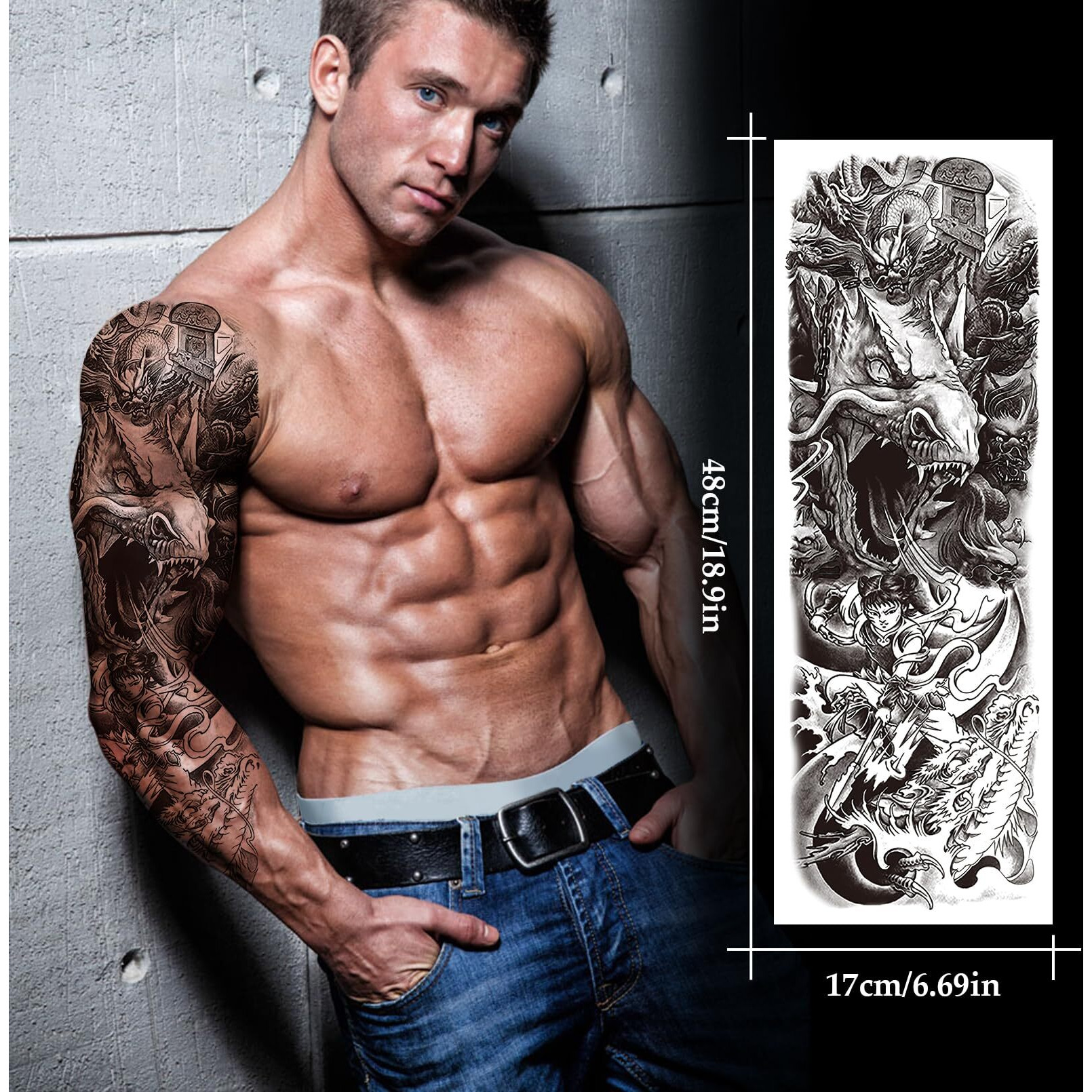 Verkstad 12 Sheets Large Full Arm Temporary Tattoos For Adults, Waterproof Realistic Flower Myth Angel Skull Fake Tattoos, Eagle Dragon Horse Tattoo Kits Hand Body Art For Parties Festivals Cosplay