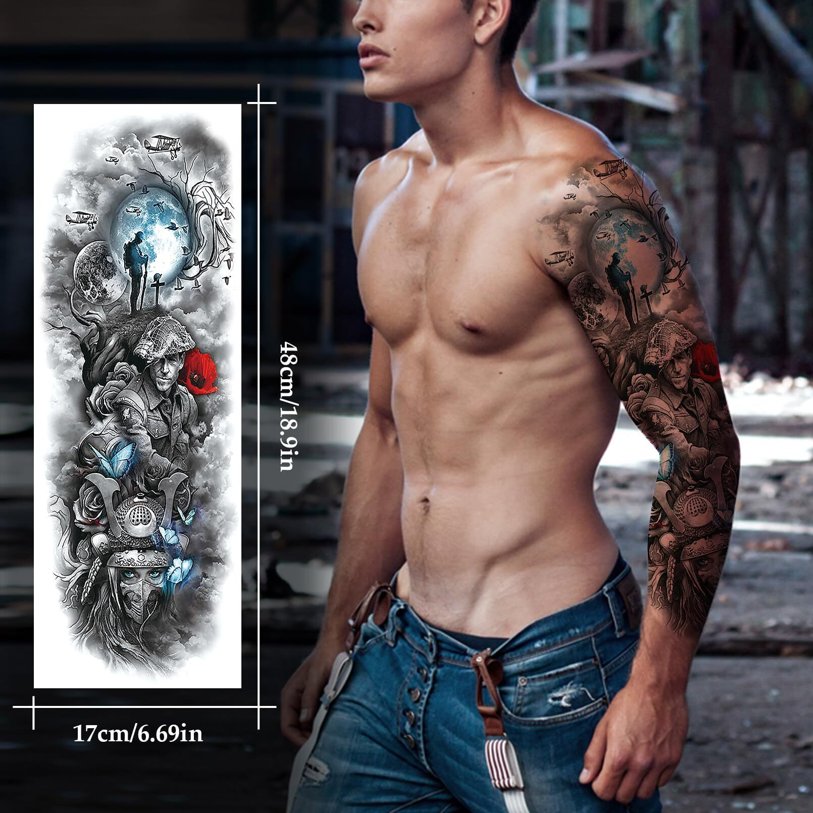 Verkstad 12 Sheets Large Full Arm Temporary Tattoos For Adults, Waterproof Realistic Flower Myth Angel Skull Fake Tattoos, Eagle Dragon Horse Tattoo Kits Hand Body Art For Parties Festivals Cosplay