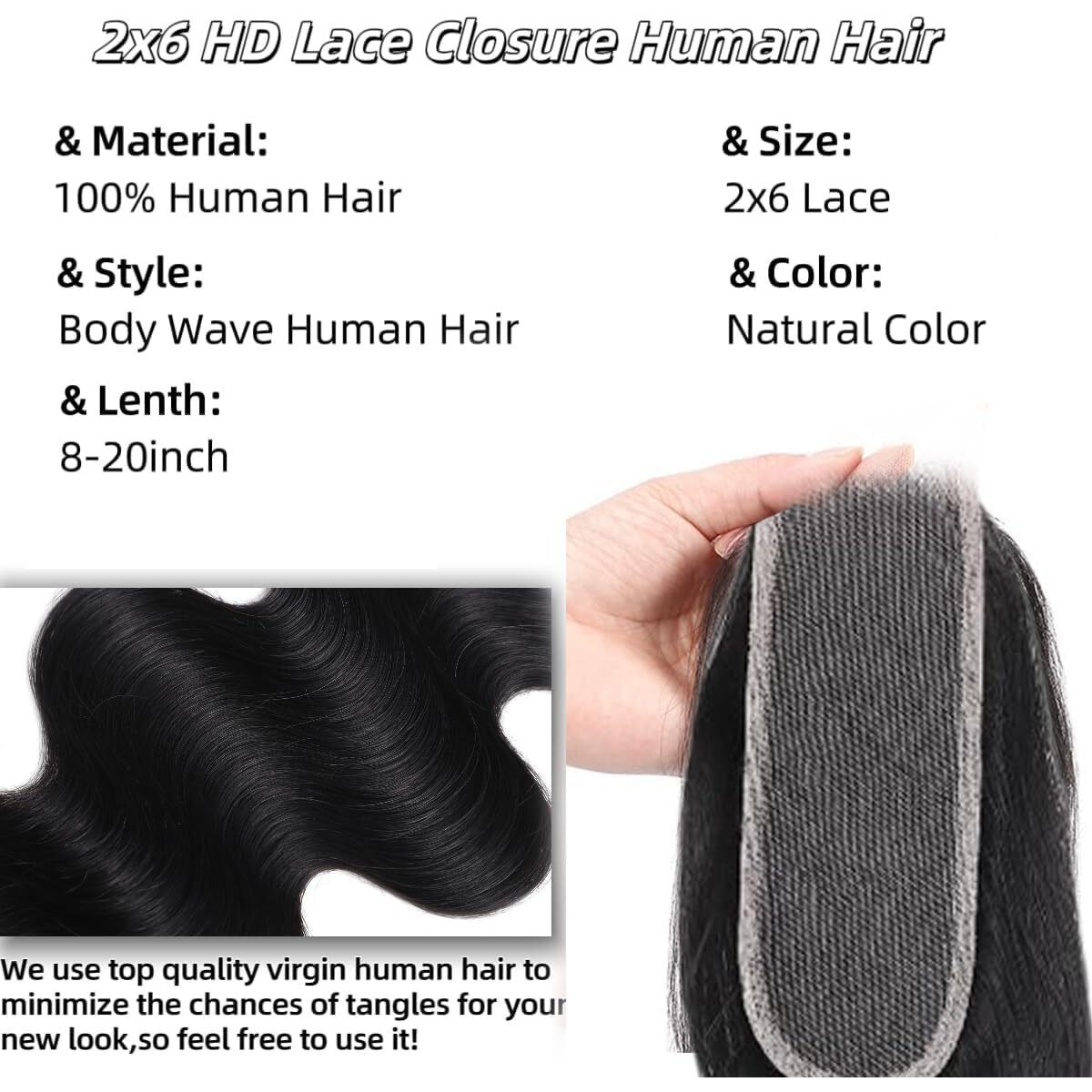 2X6 Lace Closure Body Wave Hd Lace Closure Pre Plucked 100% Brazilian Virgin Human Hair Extensions For Black Women With Baby Hair Free Part Natural Color 8 Inch