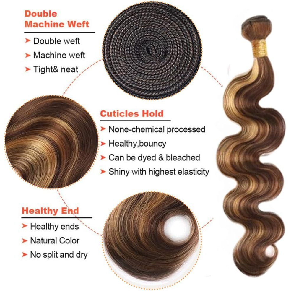 P427 Highlight Blonde Human Hair Bundles Body Wave Bundles 16 18 20 Inch Unprocessed Brazilian Virgin Remy Hair 3 Bundle Brown Body Wave Bundle Human Hair Extensions