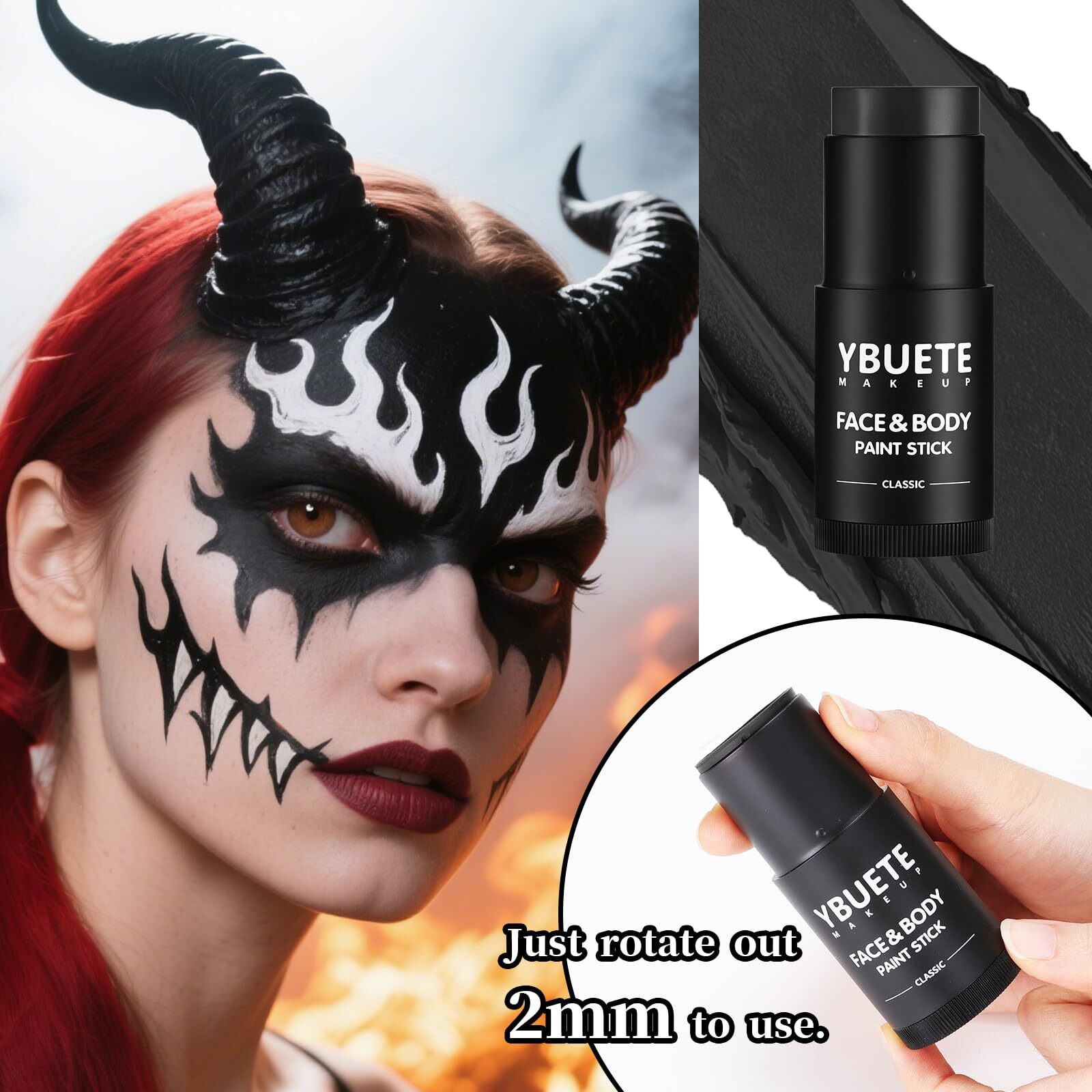 Ybuete Black Face Body Painting Stick, Full-Coverage Cream Eye Black Stick, Professional Washable Face Paint For Halloween Sfx Skeleton Vampire Joker Zombie Goth Cosplay Makeup For Adult Cosplay Party
