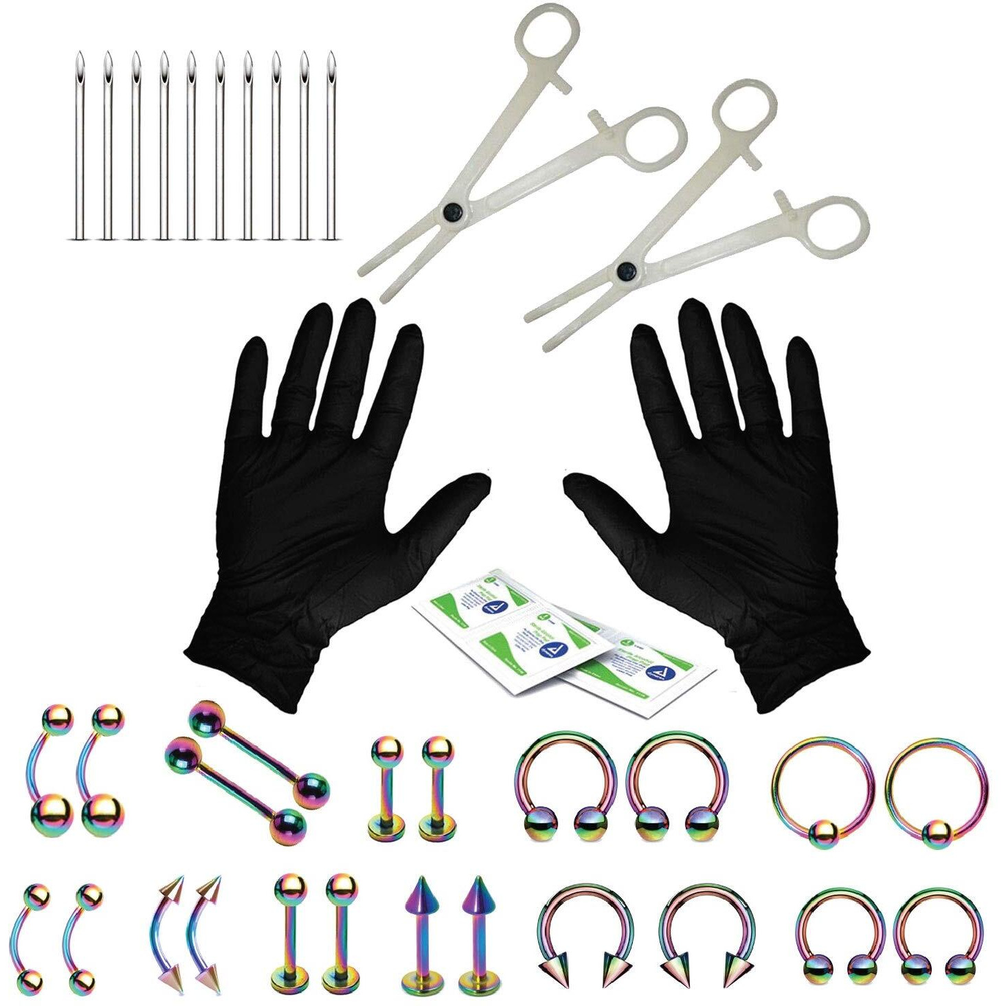 Bodyj4You 36Pc Pro Body Piercing Kit - Nose Septum Ear Cartilage Lip Belly Navel Tragus Eyebrow - Rainbow Steel 14G 16G Bcr Cbr Ring Barbell Spike - Tools Needles Gloves Clamps