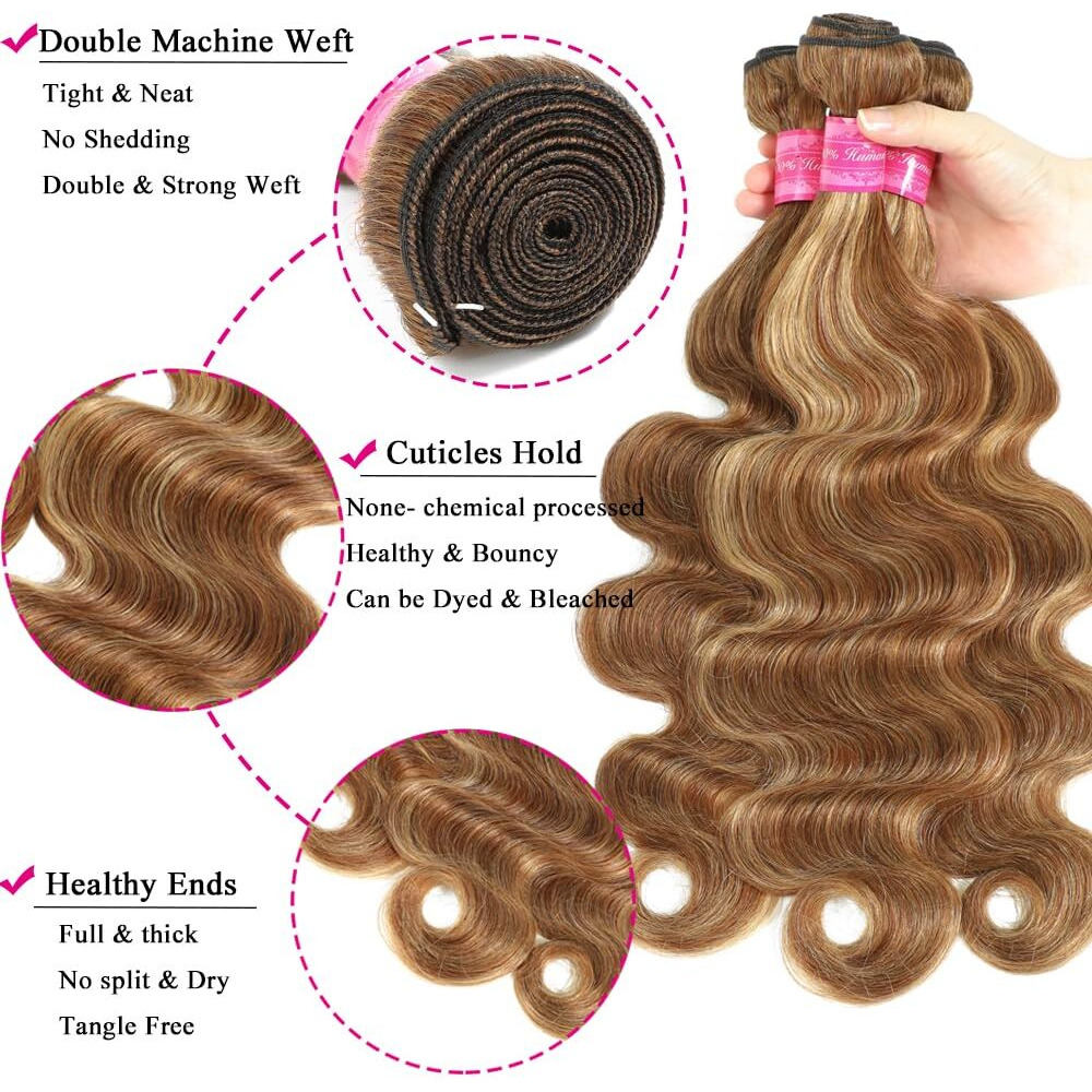 P4/27 Human Hair Highlight Honey Blonde Body Wave Bundles 100% Unprocessed Brazilian Virgin Hair Ombre Brown Highlight Body Wave 3 Bundles For Black Women
