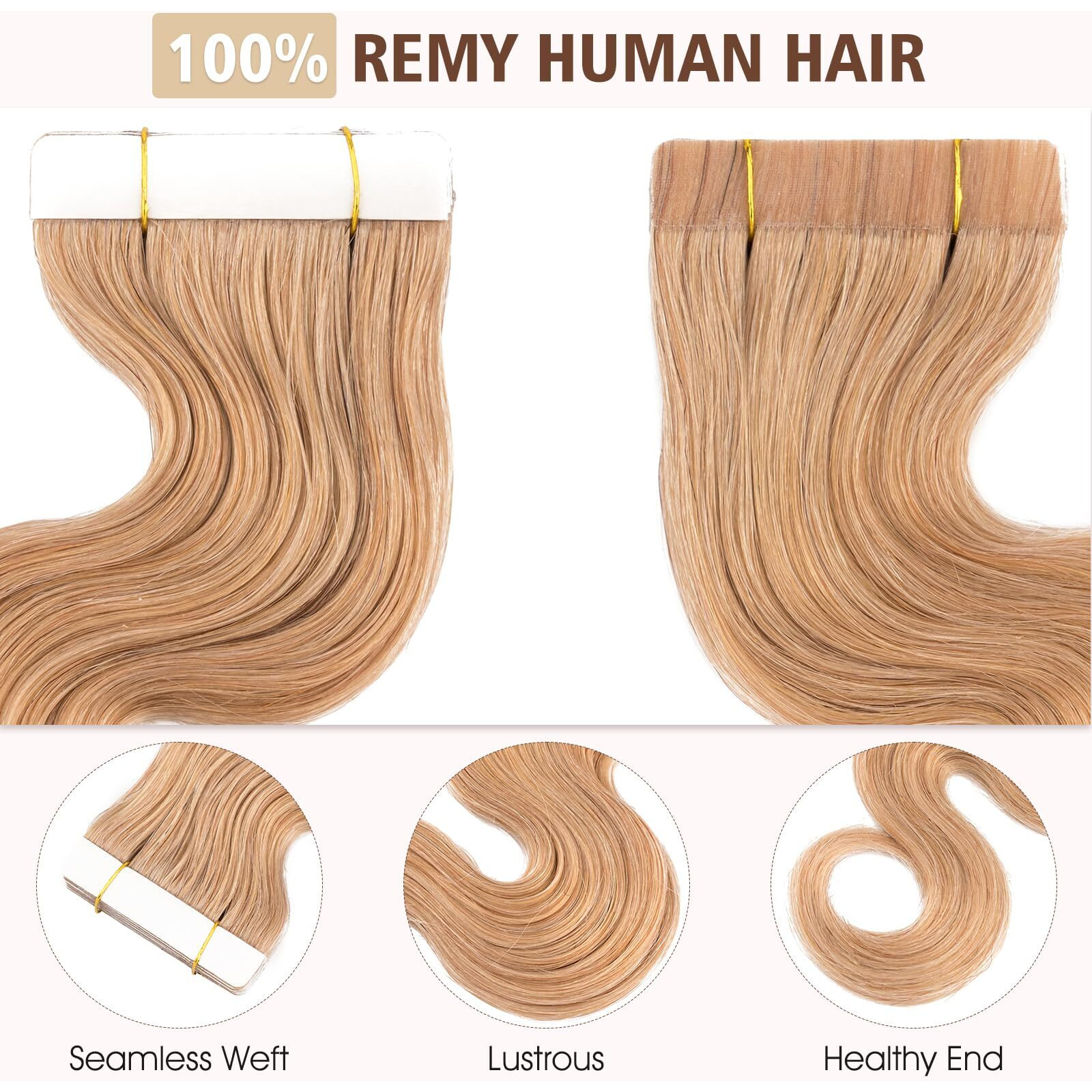 Hairro Tape In Hair Extensions 100% Real Hair, 14 Inch 40G 20Pcs/Pack Thin Body Wave Silky Seamless Skin Weft Glue In Wavy Human Hairpieces, Medium Blonde