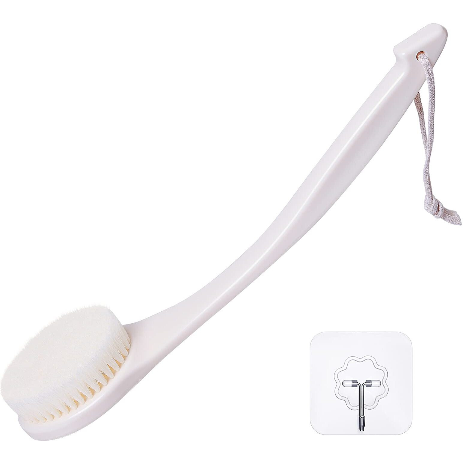Vanzavanzu Shower Brush, Bath Body Brush With Soft Bristles, 15.4"" Back Brush Long Handle For Shower, Dry Exfoliating Brush Or Wet Shower Brush With Moderate Bristles, Cream White