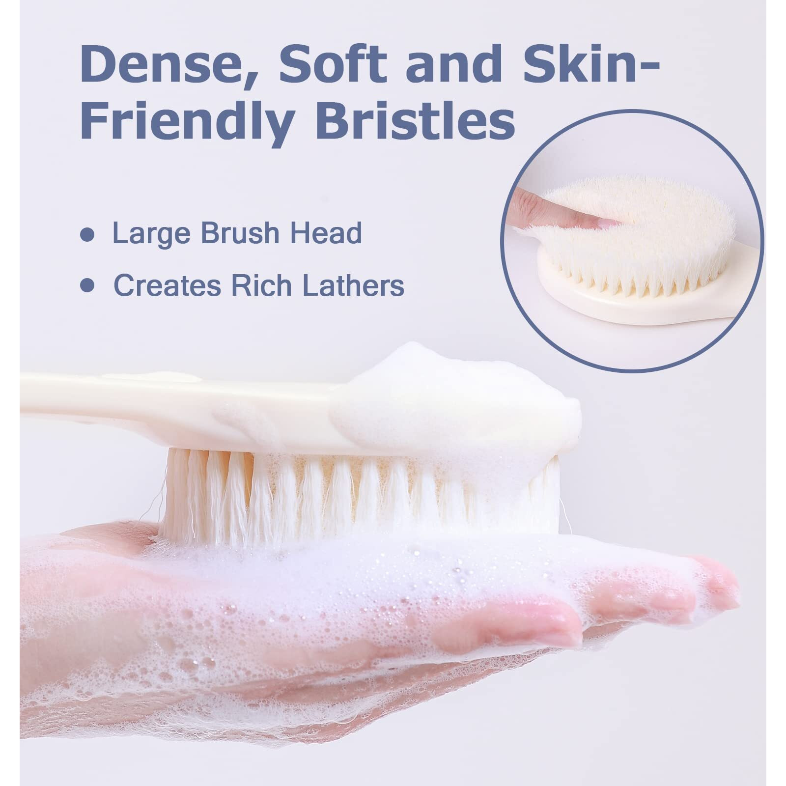 Vanzavanzu Shower Brush, Bath Body Brush With Soft Bristles, 15.4"" Back Brush Long Handle For Shower, Dry Exfoliating Brush Or Wet Shower Brush With Moderate Bristles, Cream White