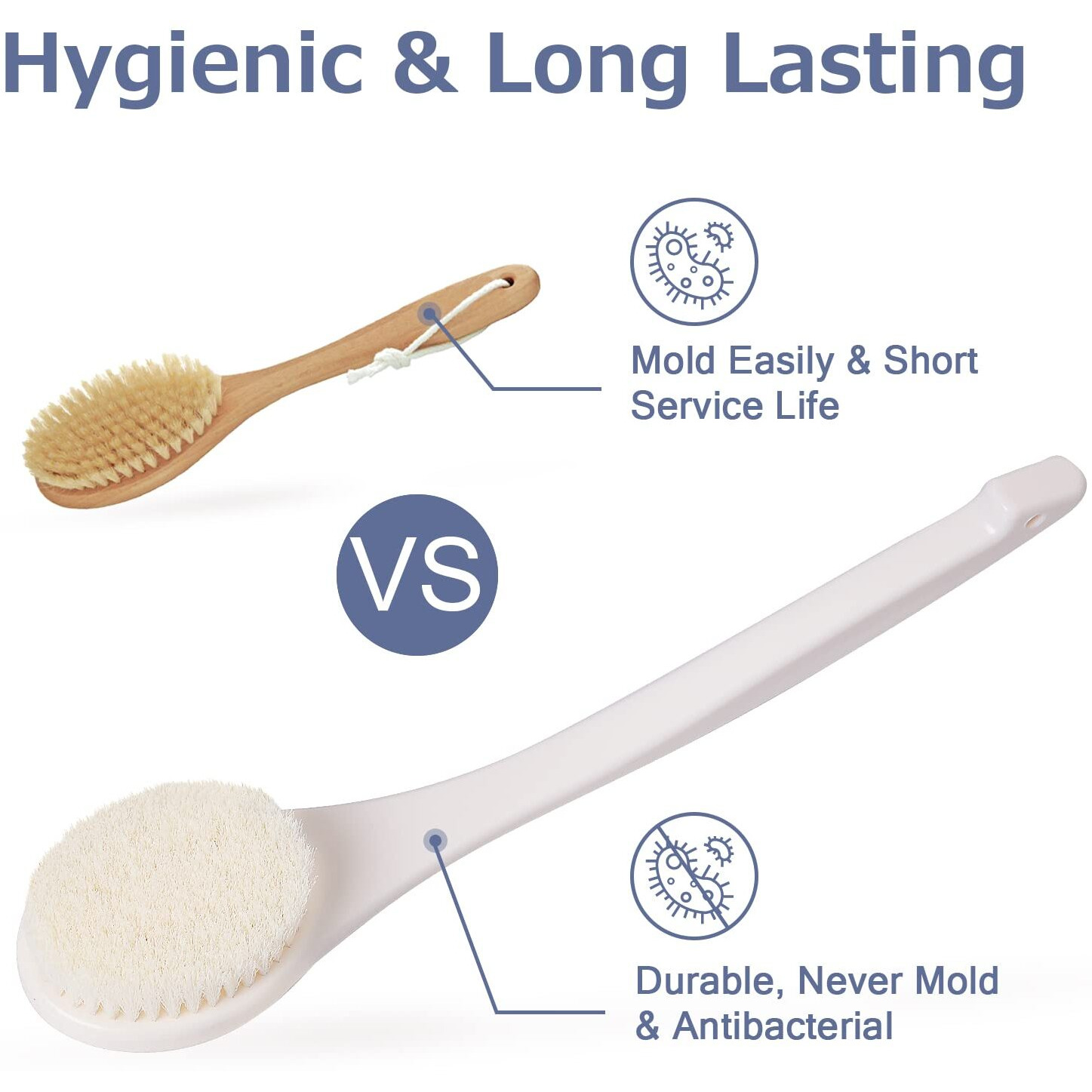 Vanzavanzu Shower Brush, Bath Body Brush With Soft Bristles, 15.4"" Back Brush Long Handle For Shower, Dry Exfoliating Brush Or Wet Shower Brush With Moderate Bristles, Cream White