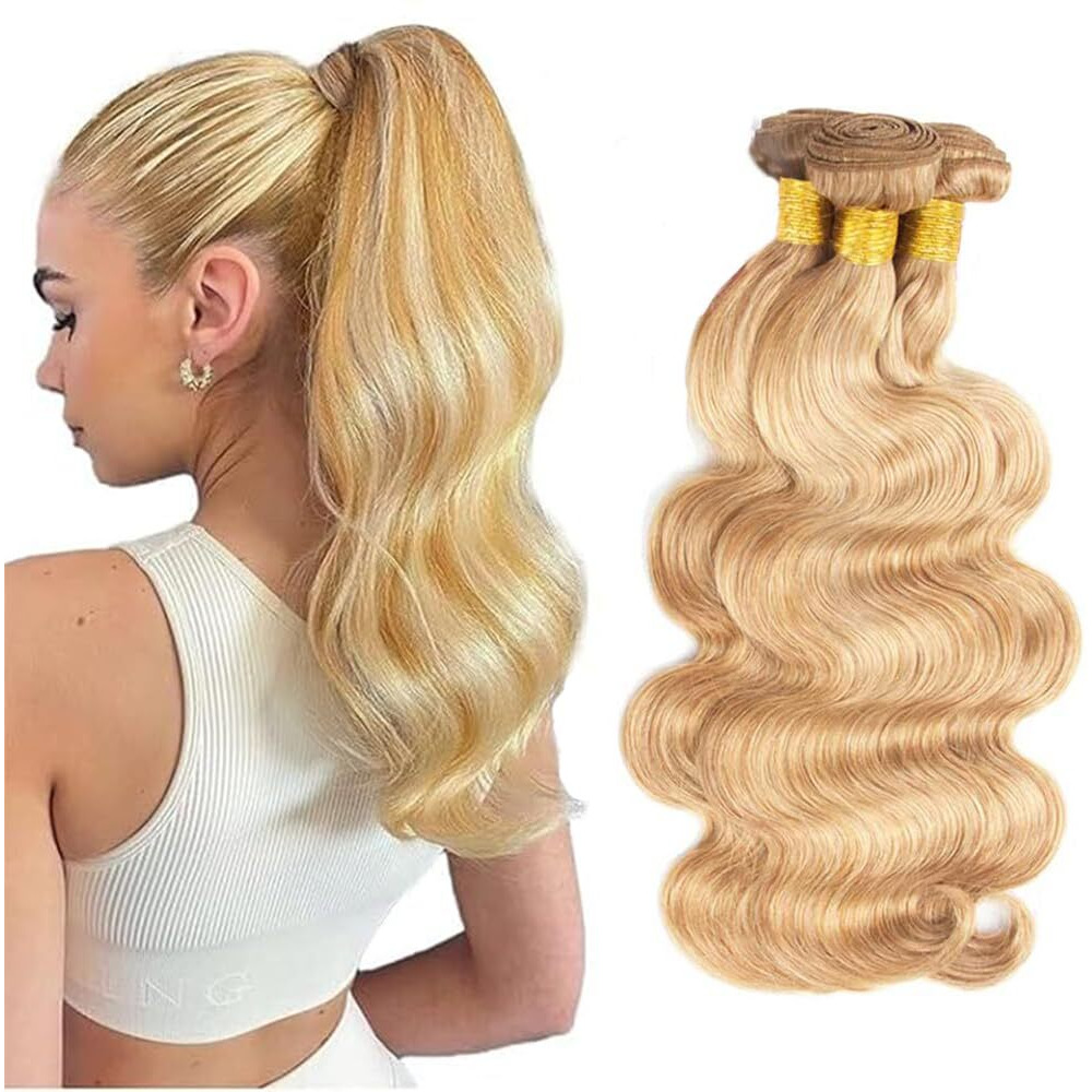 P27/613 Bundles Human Hair Body Wave Bundles Honey Blonde Bundles Human Hair Brazilian Virgin Remy Hair Extensions 10 12 14 Inch Double Weft Blonde Body Wave Bundles Human Hair Weave