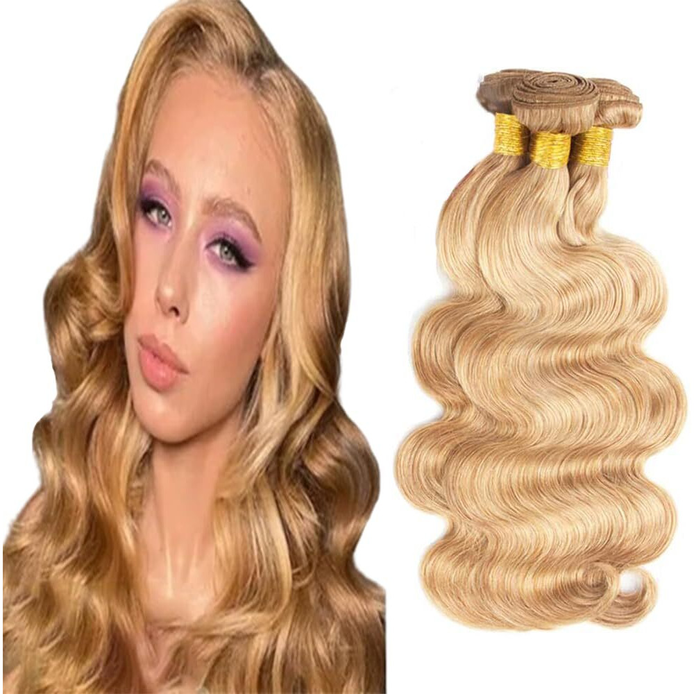 Honey Blonde Human Hair Bundles P27/613 Bundles Human Hair Blonde Body Wave Bundle 8 10 12 Inch Brazilian Virgin Remy Hair Extensions Double Weft P27/613 Body Wave Hair