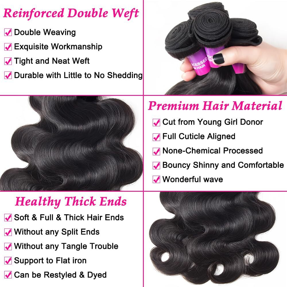 12A Human Hair Bundles 400G Body Wave Bundles Human Hair Extensions 16 18 20 22 Inch Brazilian Virgin Body Wave 4 Pieces Deals Unprocessed Brazilian Quick Weave Extensions Natural Black