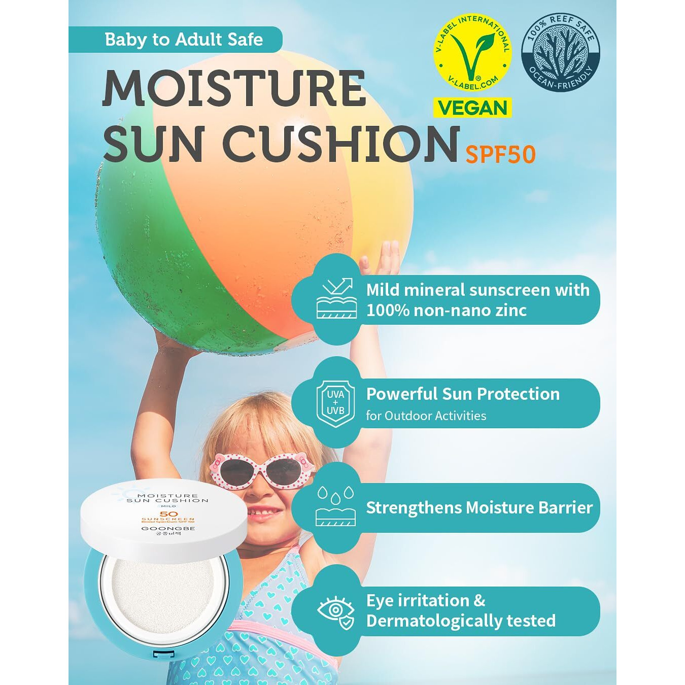 Goongbe Sun Lotion Spf 40 & Moisture Sun Cushion Spf 50-100% Zinc Oxide Mineral Sunscreen - Vegan Reef-Safe For Babies Kids Adults - Korean Skincare, 2.82Oz & Cushion 0.81Oz